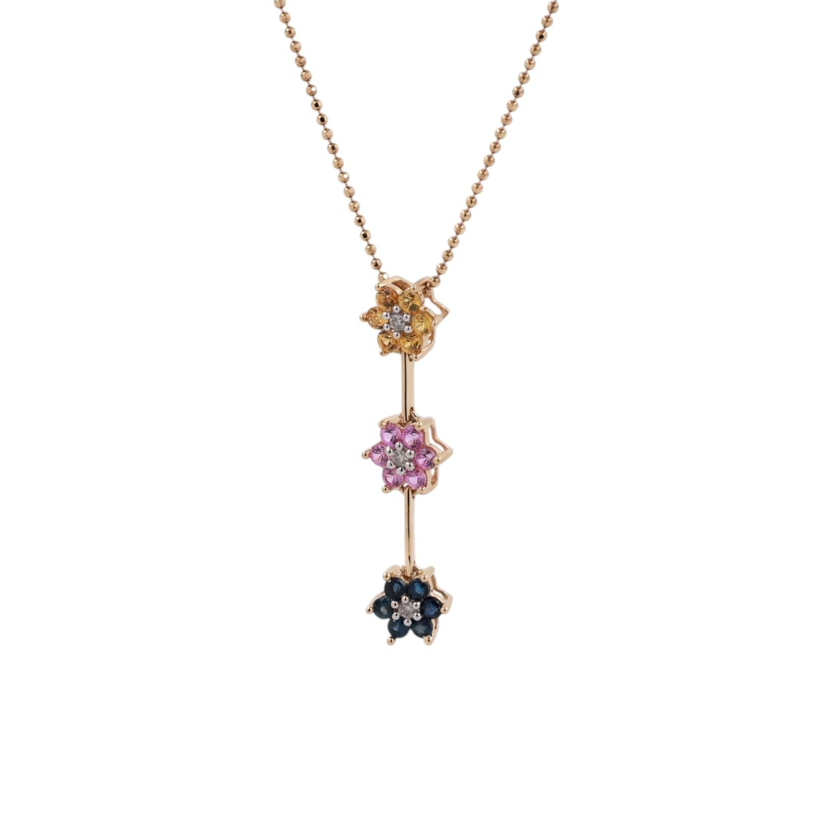 Multi Color Sapphire Diamond Flower Pendant Chain Necklace 14K Gold 0.60 CTW 18"