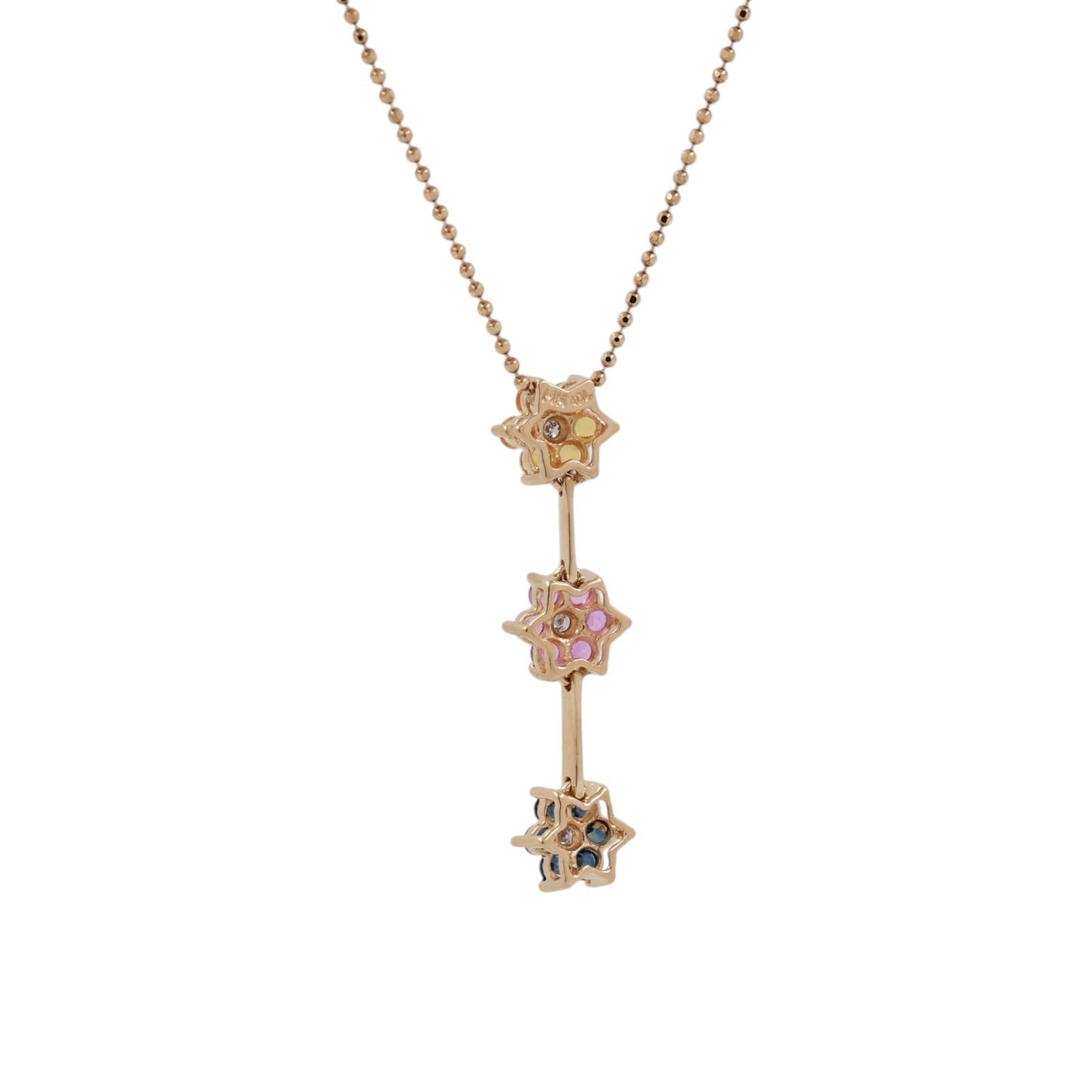 Multi Color Sapphire Diamond Flower Pendant Chain Necklace 14K Gold 0.60 CTW 18"