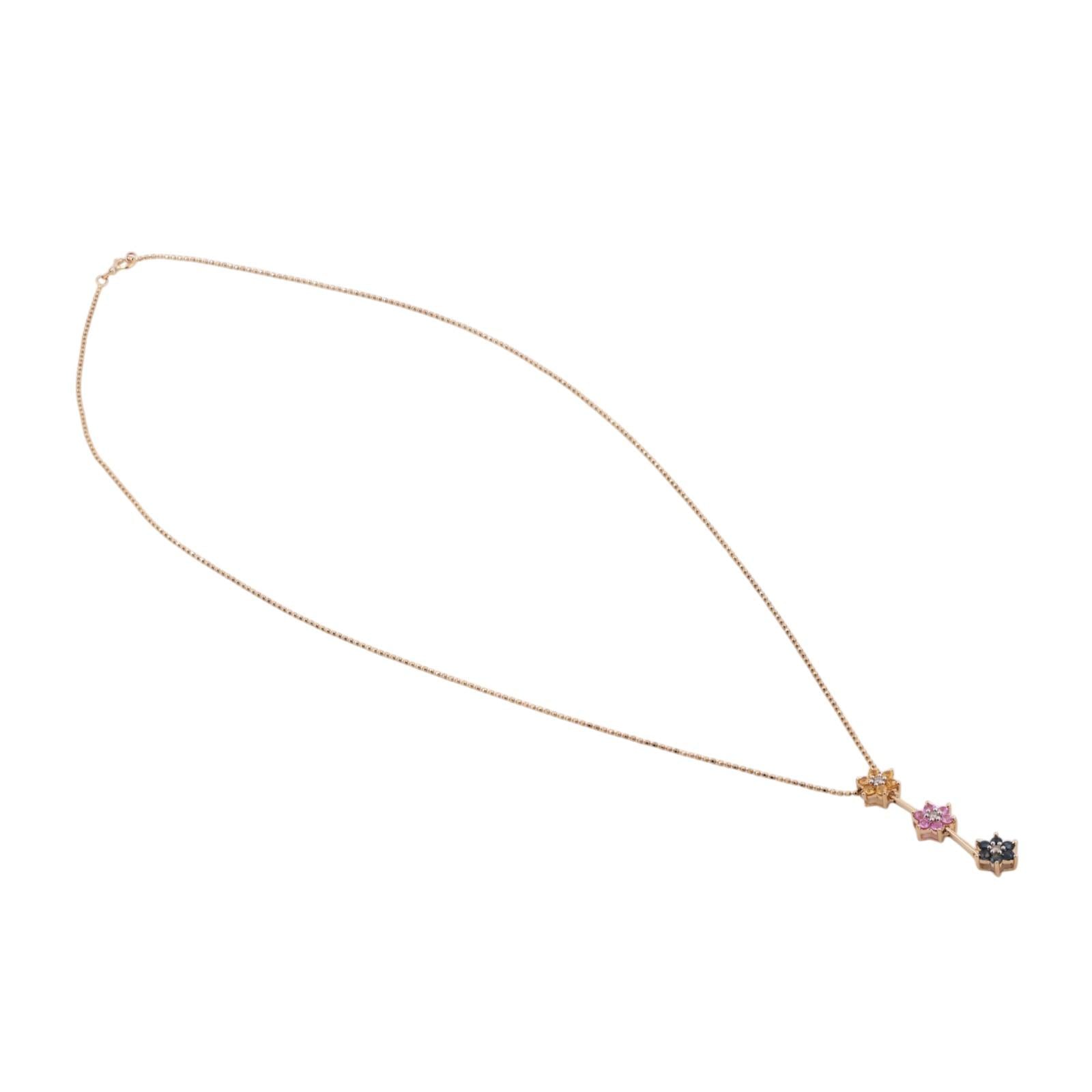 Multi Color Sapphire Diamond Flower Pendant Chain Necklace 14K Gold 0.60 CTW 18"