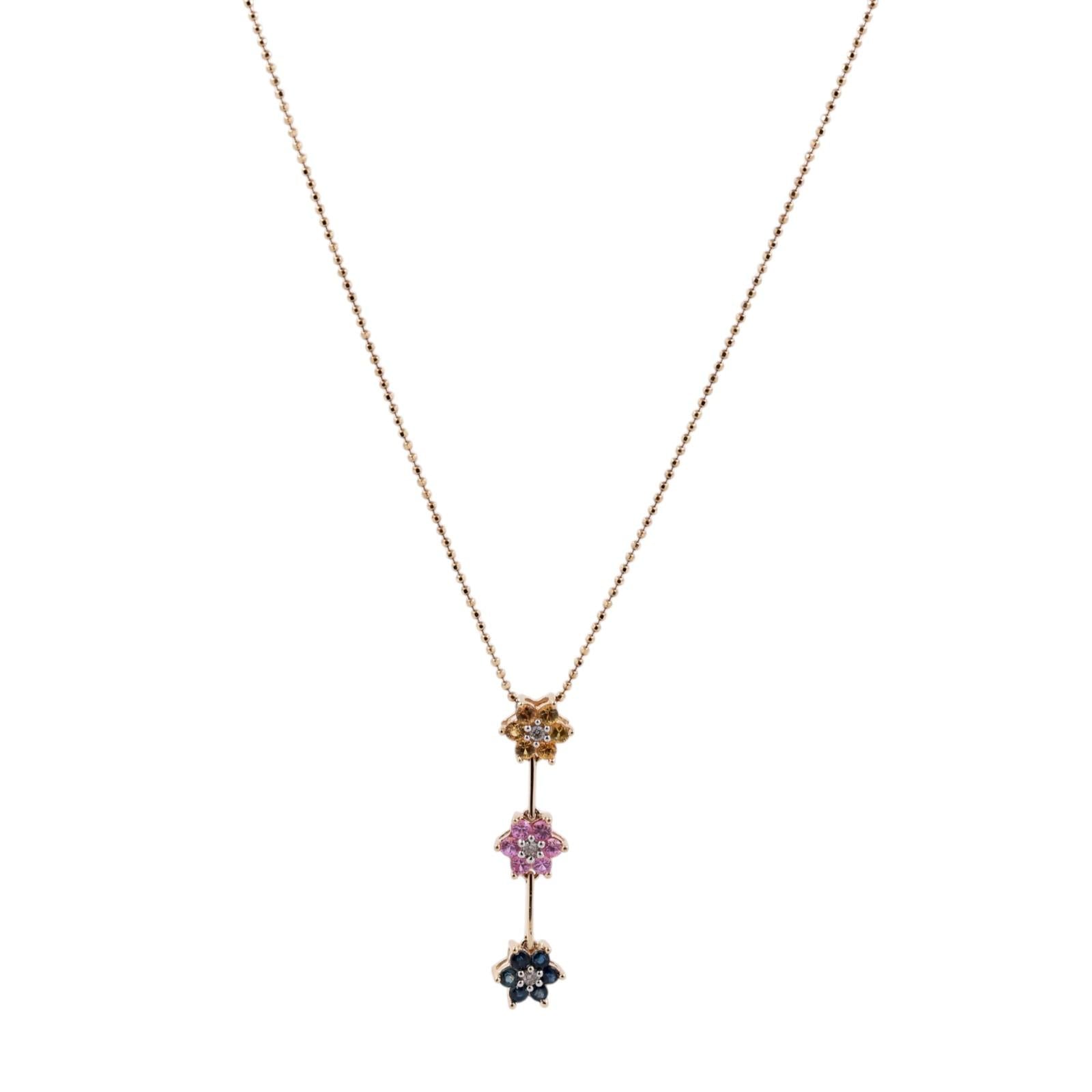 Multi Color Sapphire Diamond Flower Pendant Chain Necklace 14K Gold 0.60 CTW 18"