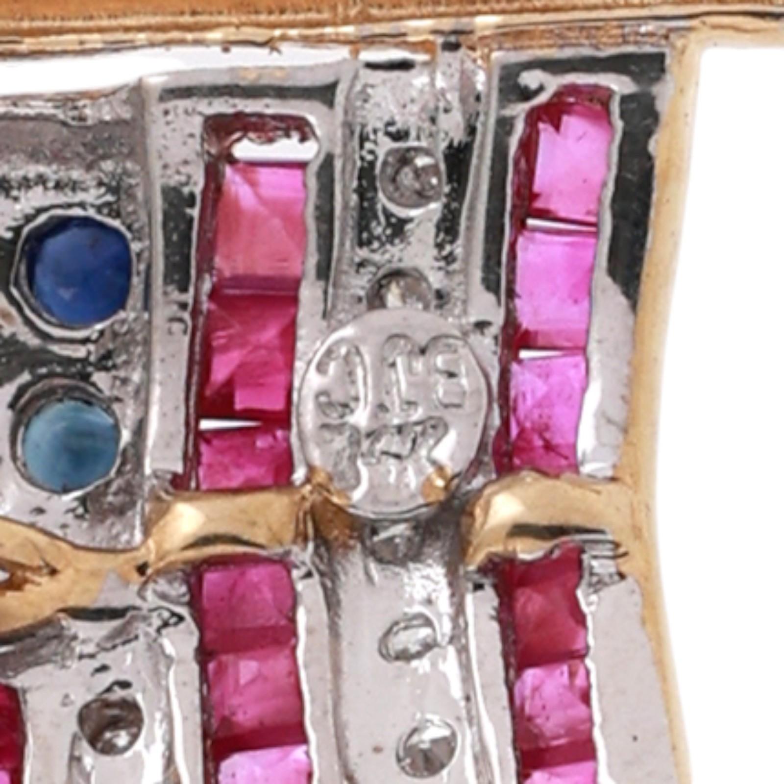 14K Two-Tone Gold American Flag Pendant Necklace Ruby Sapphire Diamond