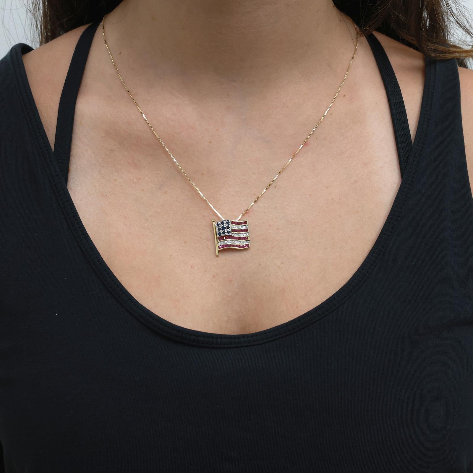14K Two-Tone Gold American Flag Pendant Necklace Ruby Sapphire Diamond