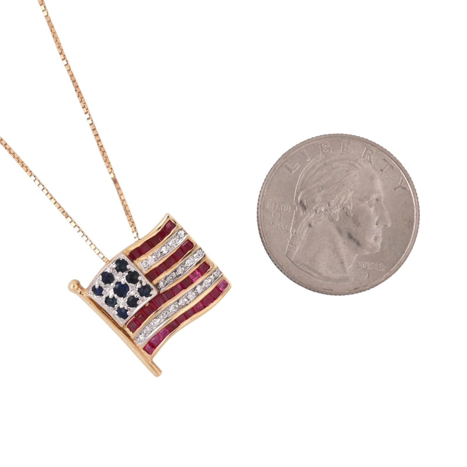 14K Two-Tone Gold American Flag Pendant Necklace Ruby Sapphire Diamond