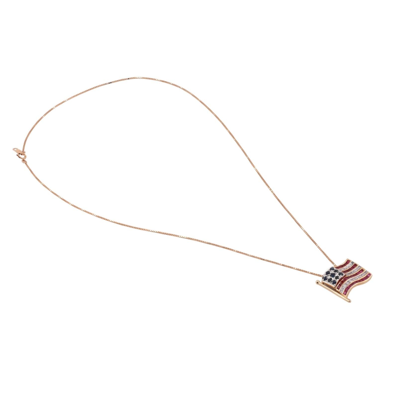 14K Two-Tone Gold American Flag Pendant Necklace Ruby Sapphire Diamond