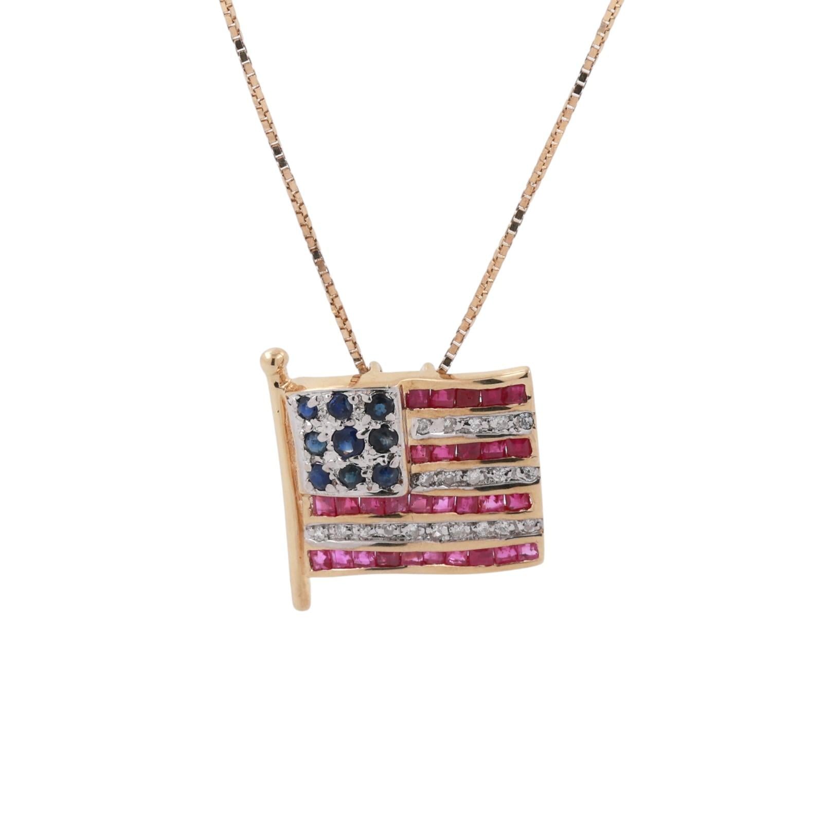 14K Two-Tone Gold American Flag Pendant Necklace Ruby Sapphire Diamond