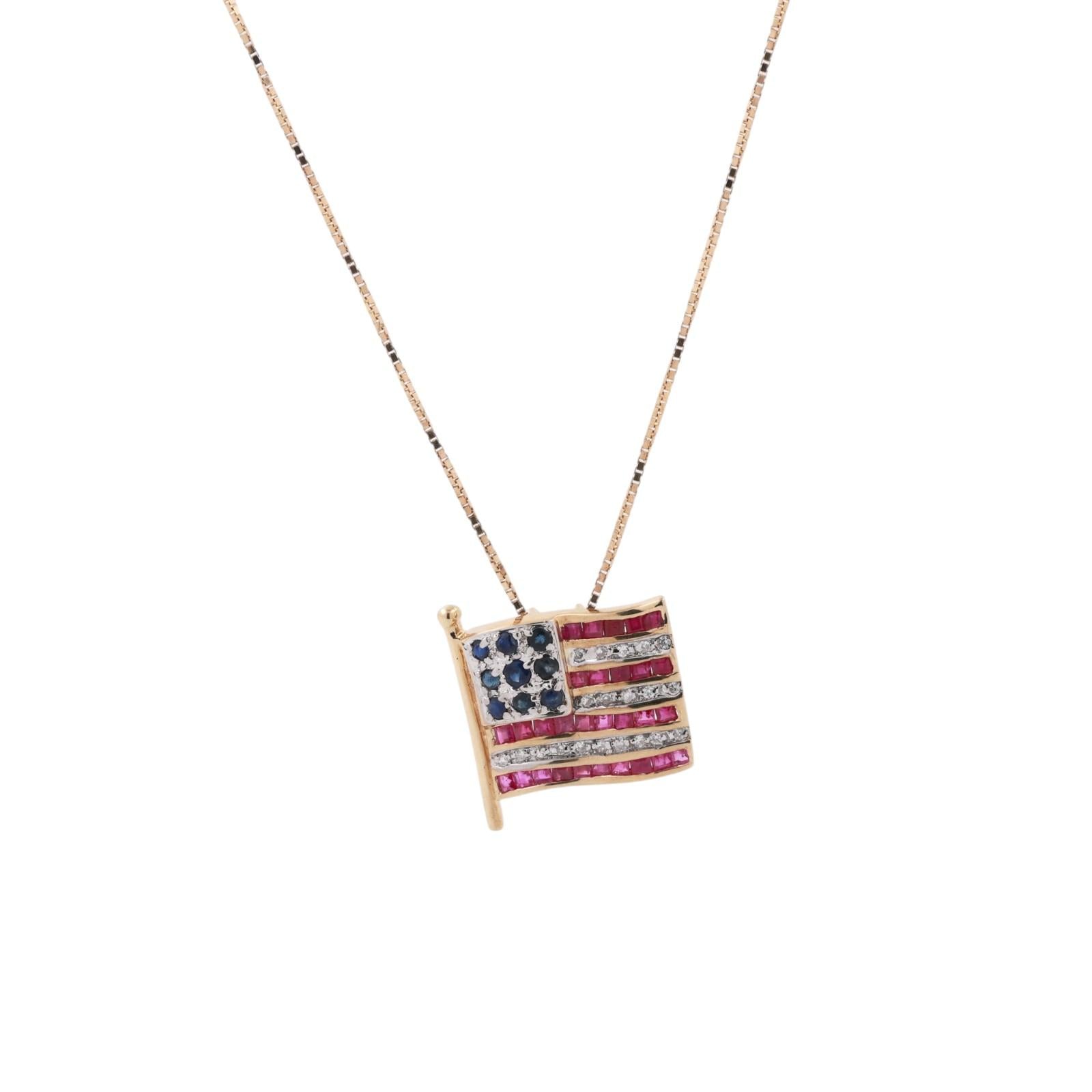 14K Two-Tone Gold American Flag Pendant Necklace Ruby Sapphire Diamond