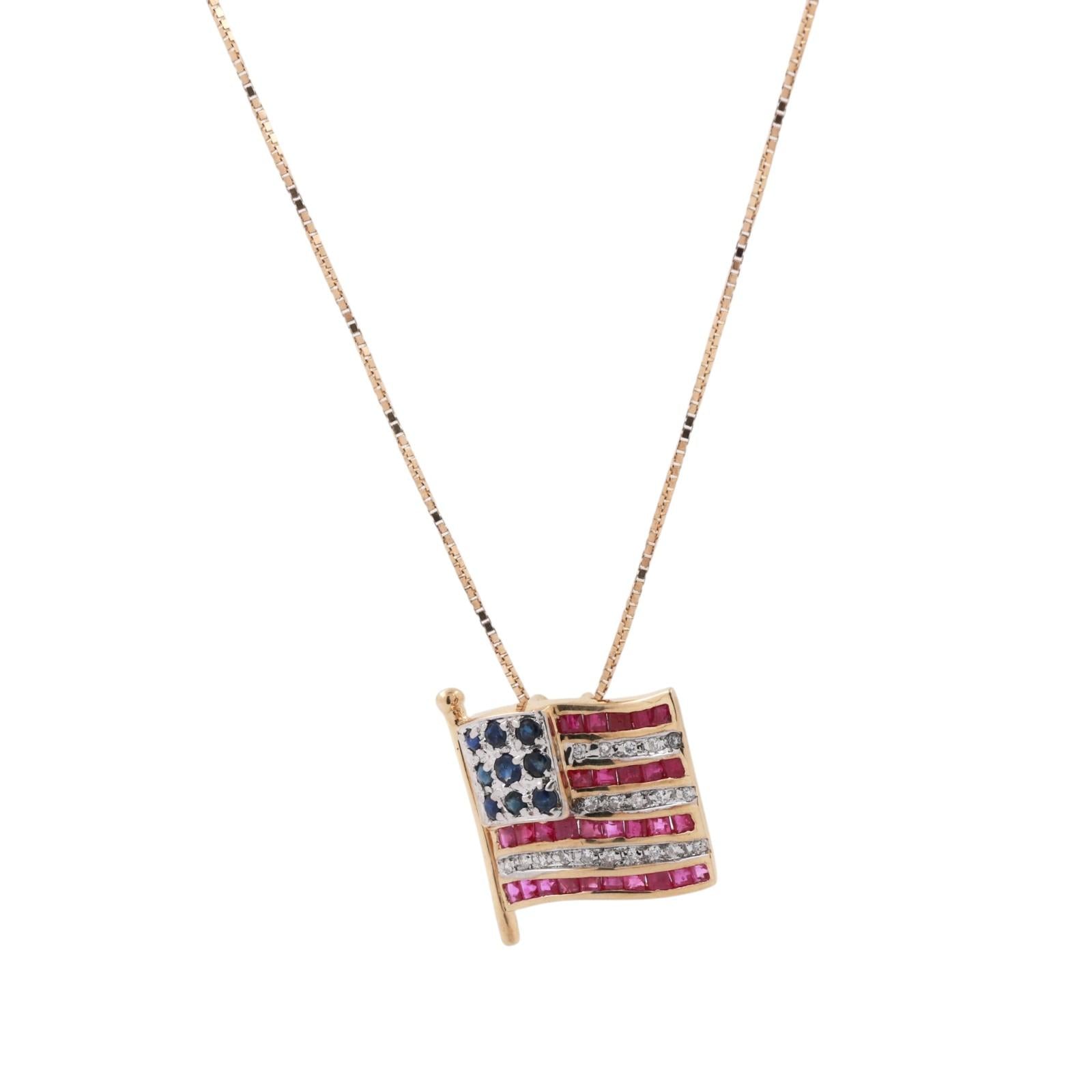 14K Two-Tone Gold American Flag Pendant Necklace Ruby Sapphire Diamond
