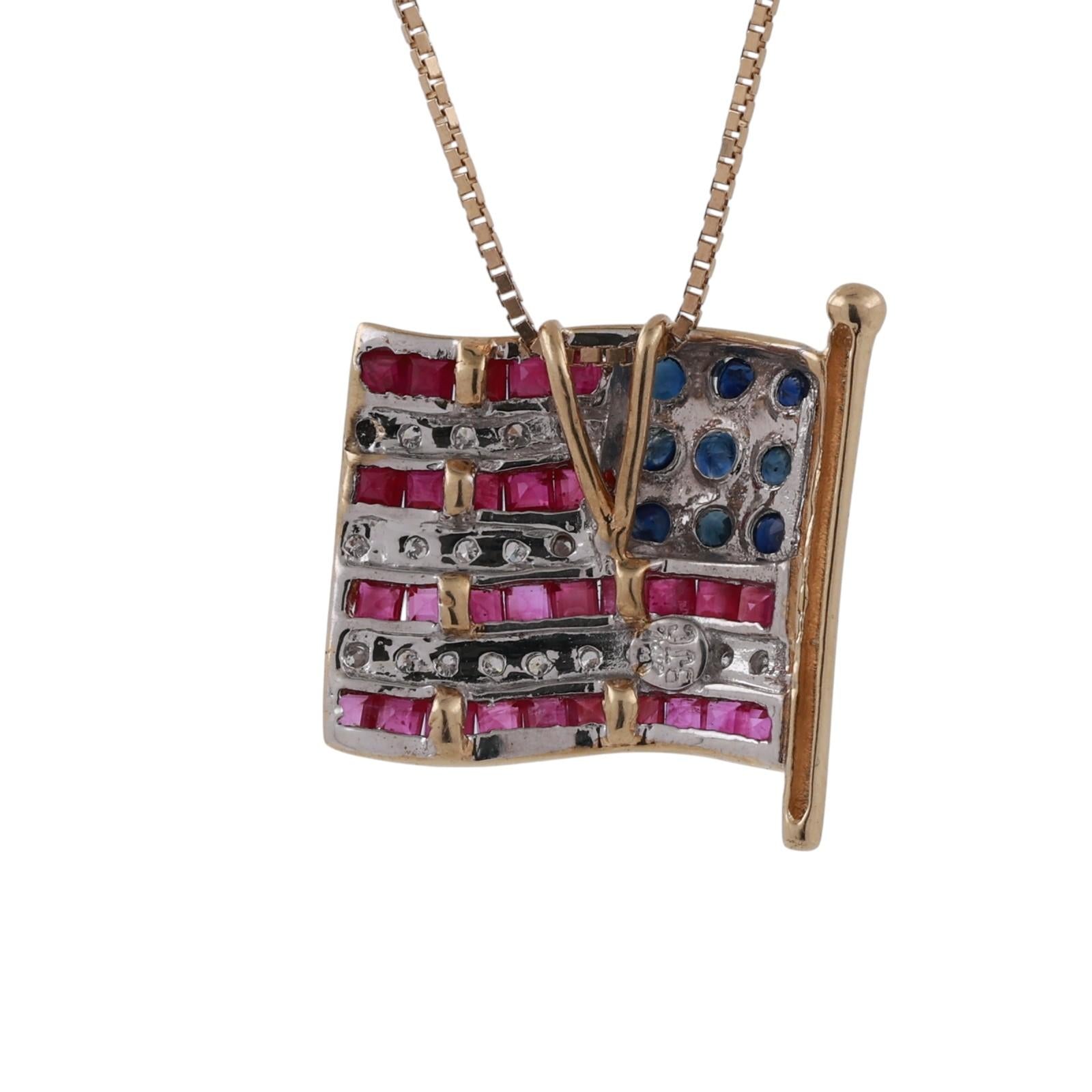 14K Two-Tone Gold American Flag Pendant Necklace Ruby Sapphire Diamond