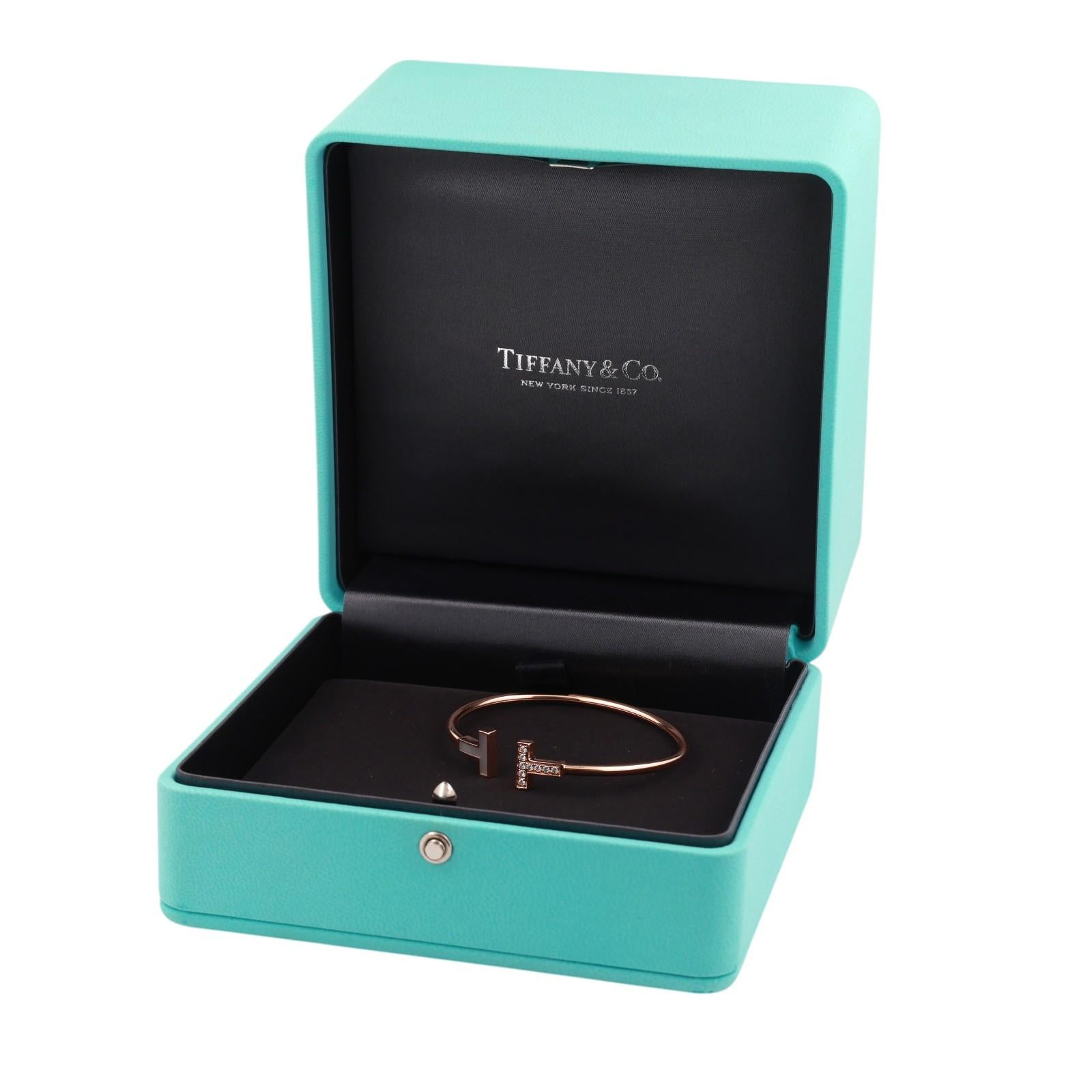 Tiffany & Co. T Wire Bracelet 18K Rose Gold Diamonds and Mother-of-Pearl Size 6