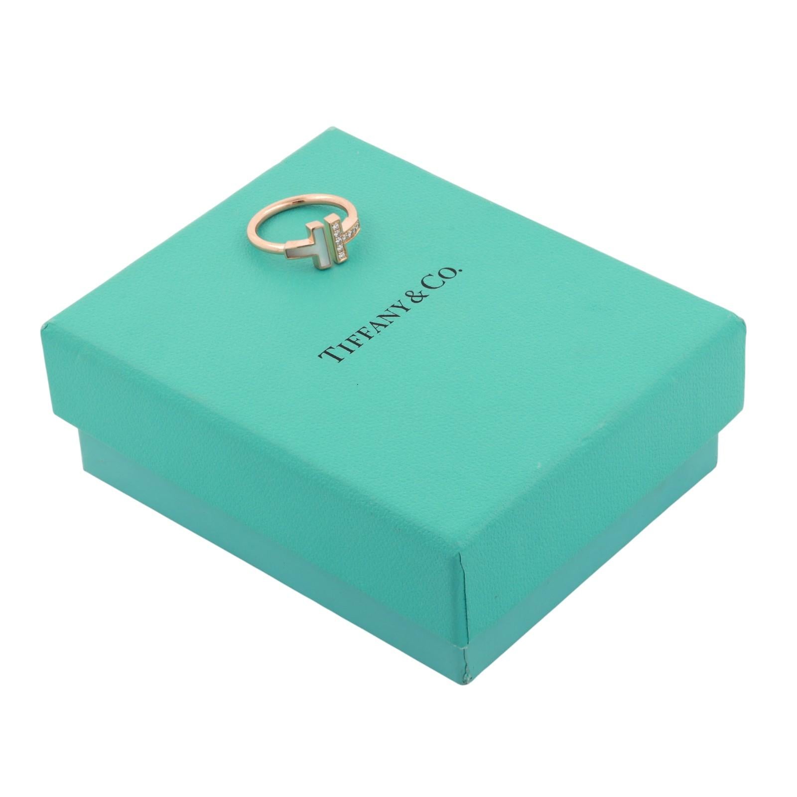Tiffany T Wire Ring 18K Rose Gold Diamonds and Mother-of-Pearl Size 6 Ladies