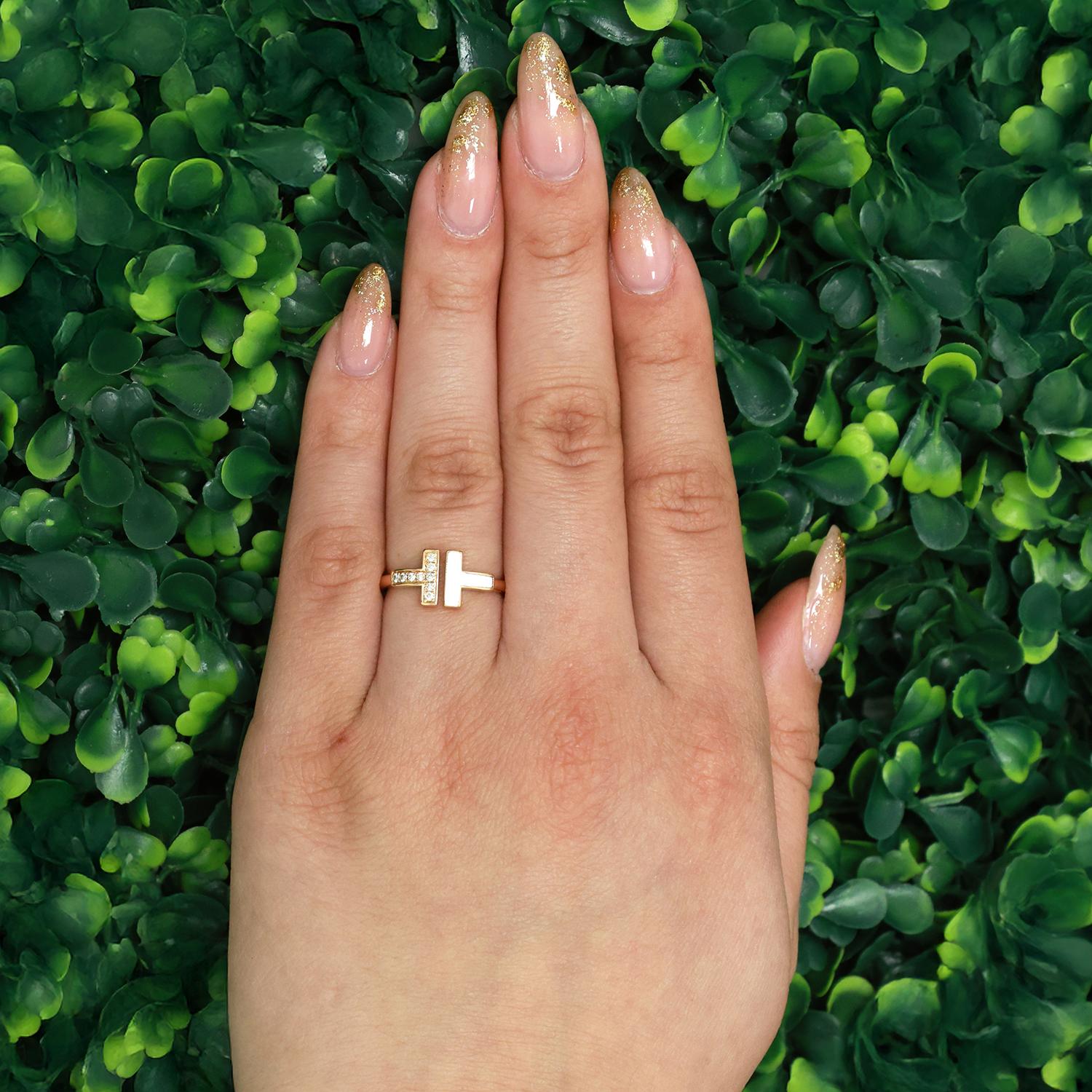 Tiffany T Wire Ring 18K Rose Gold Diamonds and Mother-of-Pearl Size 6 Ladies