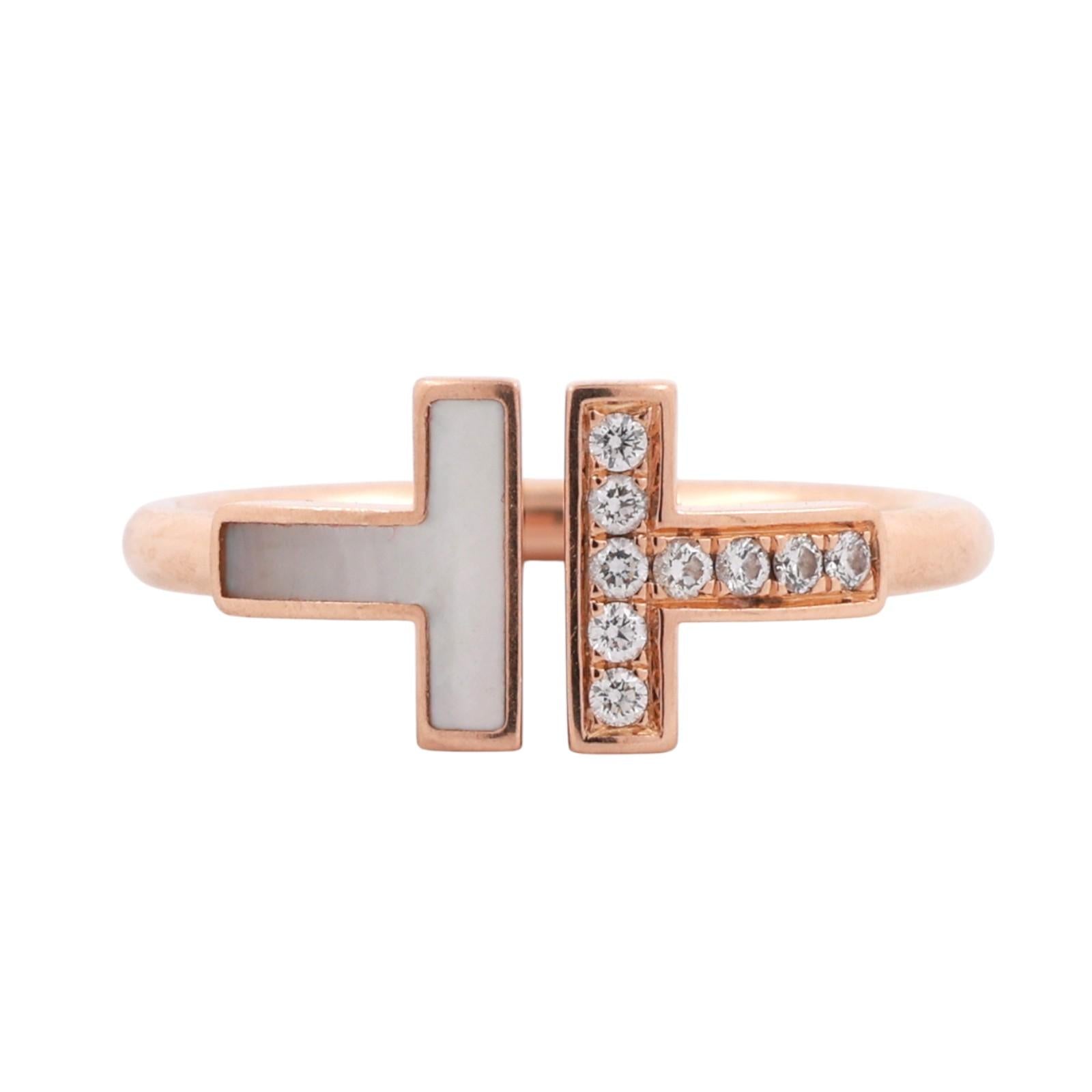 Tiffany T Wire Ring 18K Rose Gold Diamonds and Mother-of-Pearl Size 6 Ladies