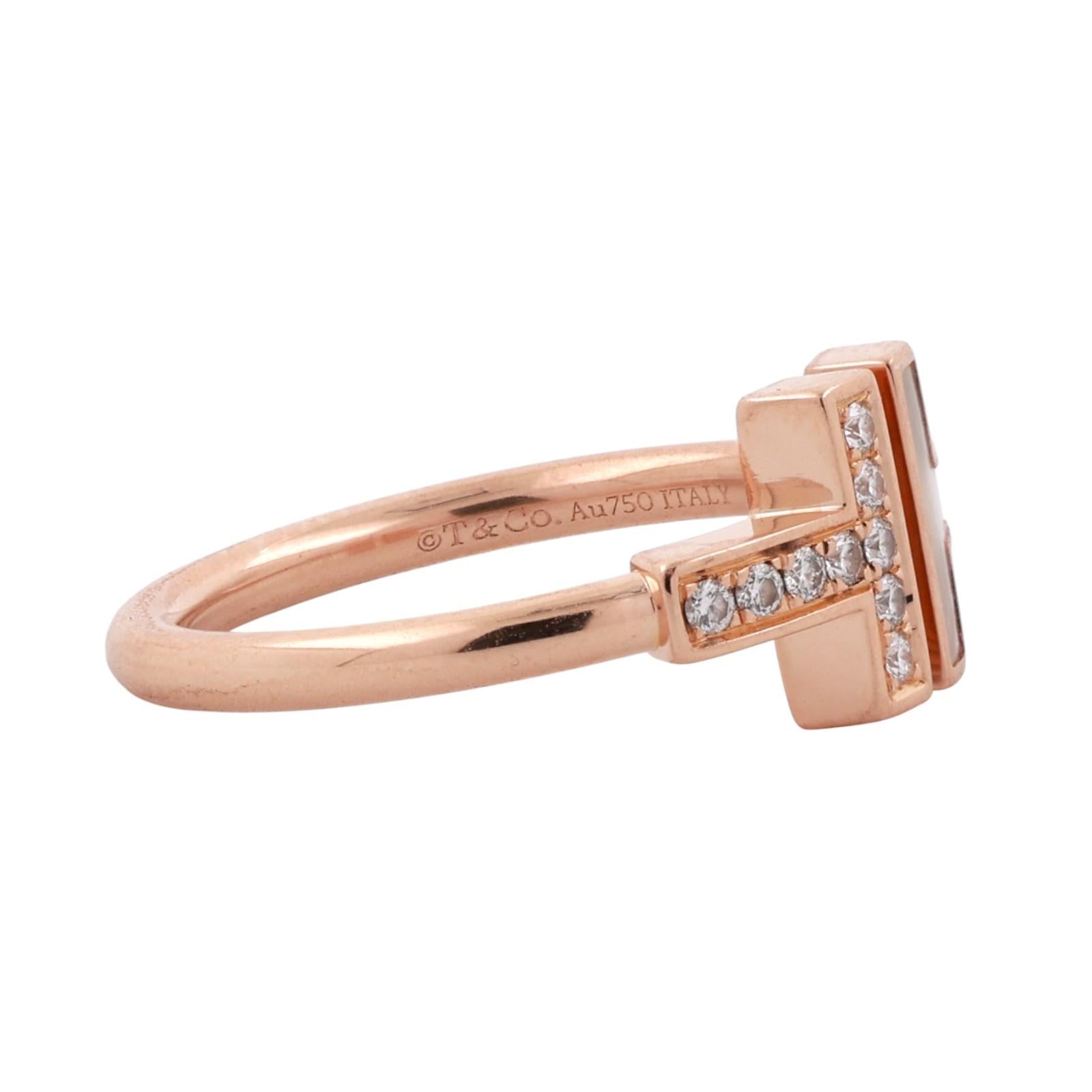 Tiffany T Wire Ring 18K Rose Gold Diamonds and Mother-of-Pearl Size 6 Ladies