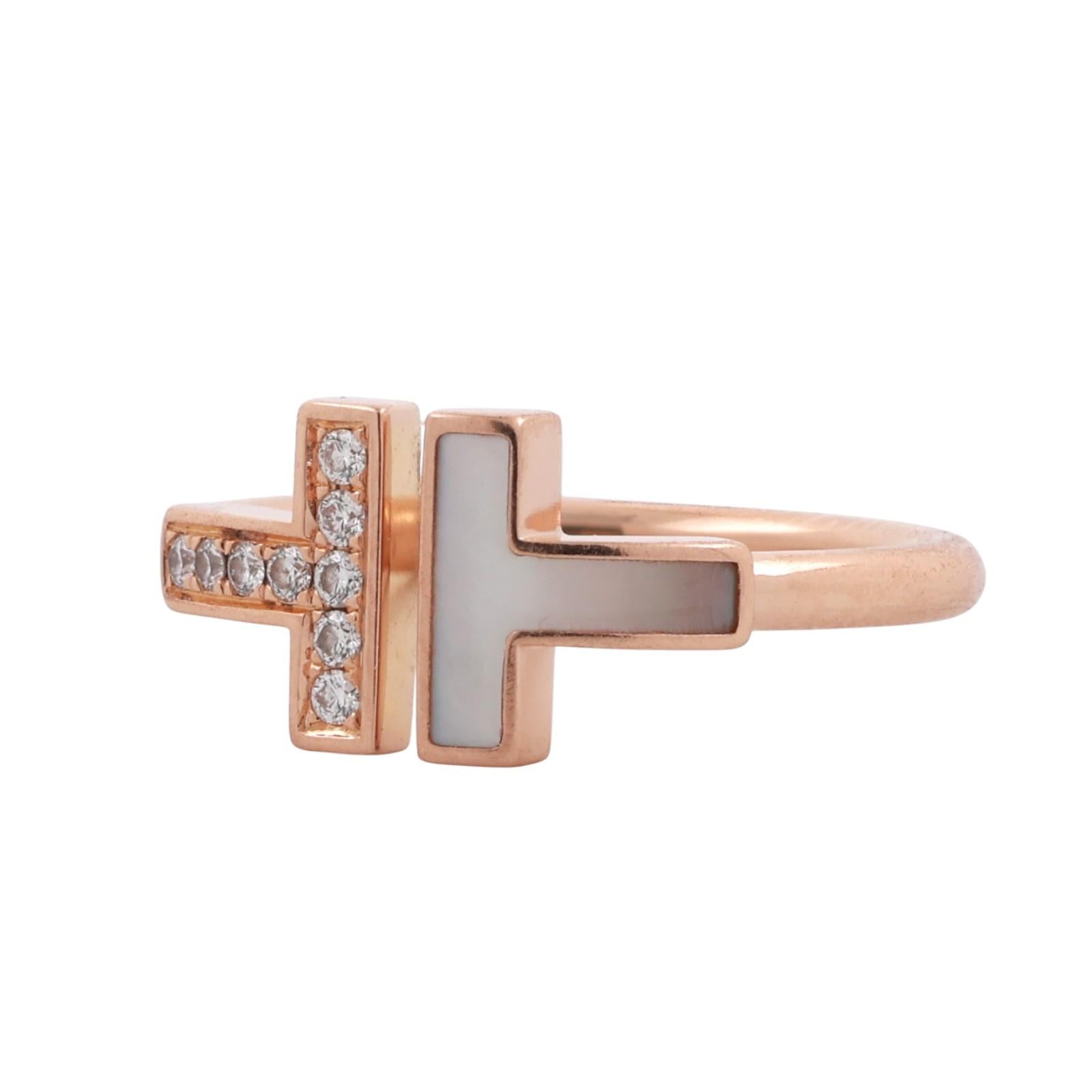 Tiffany T Wire Ring 18K Rose Gold Diamonds and Mother-of-Pearl Size 6 Ladies