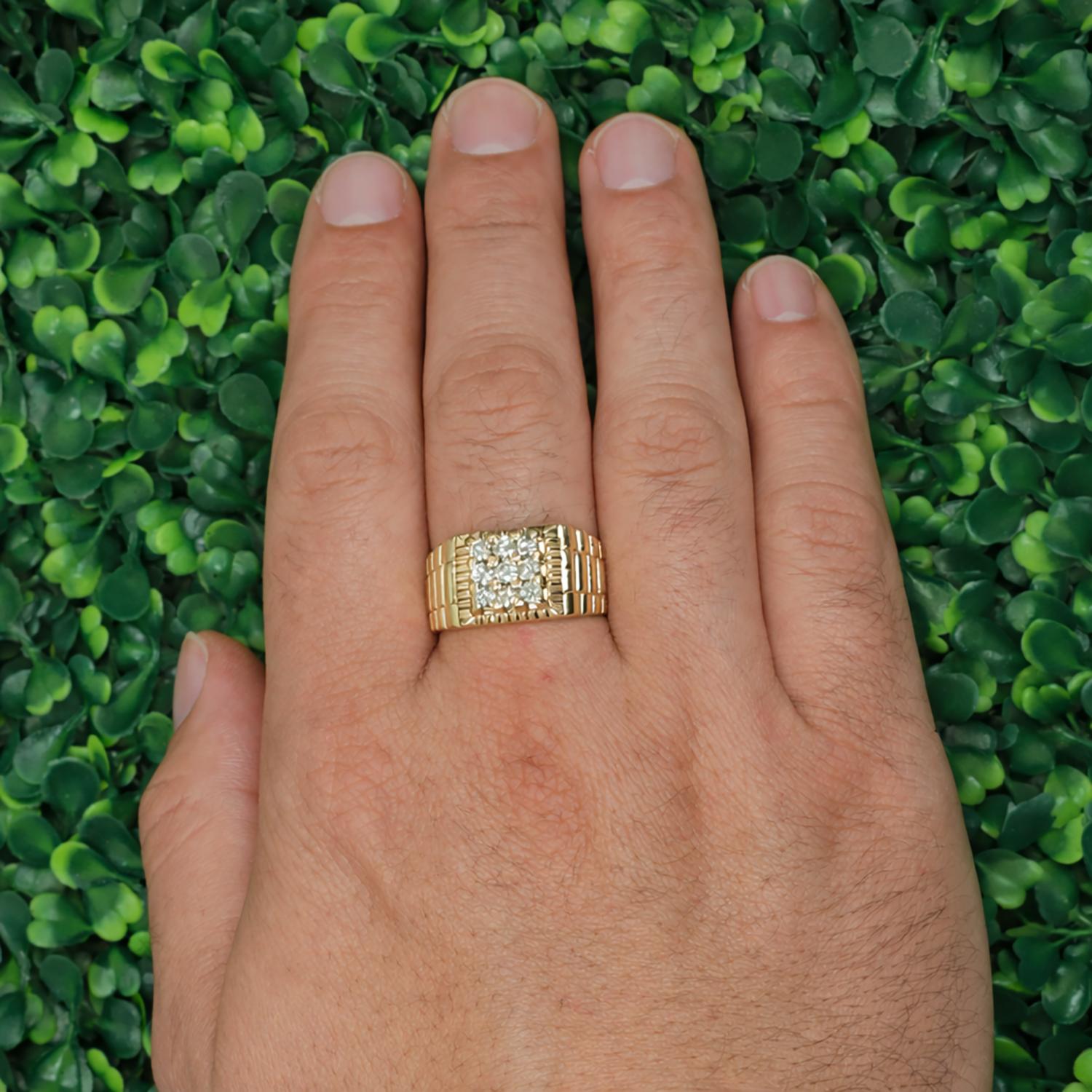 Mens Diamond Square Ribbed Ring 14K Yellow Gold 1.00 TW Size 10.25 Estate