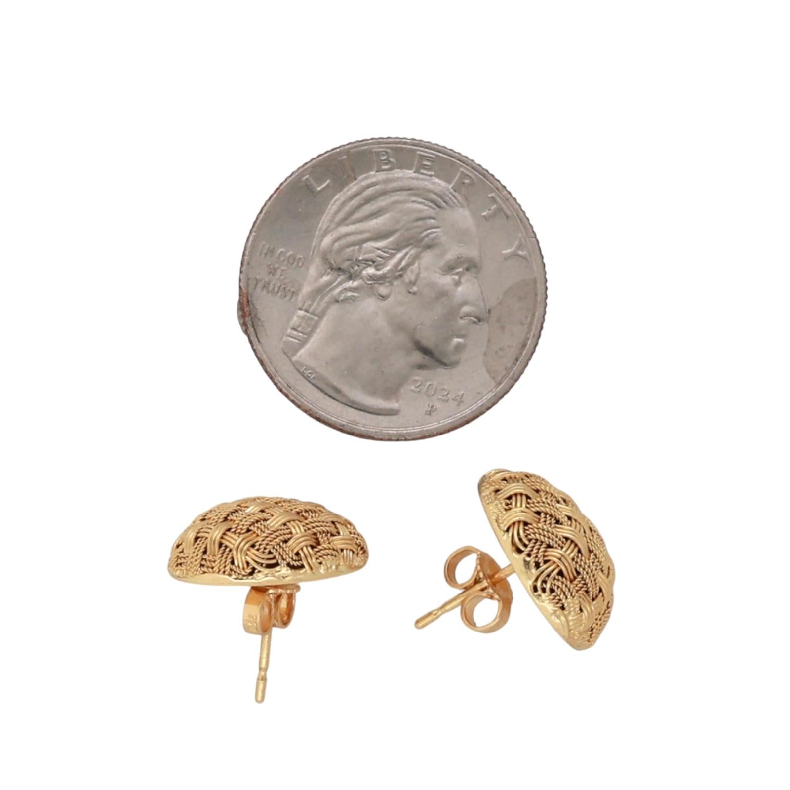 18K Yellow Gold Oval Basket Weave Dome Stud Earrings 0.30" Ladies Estate