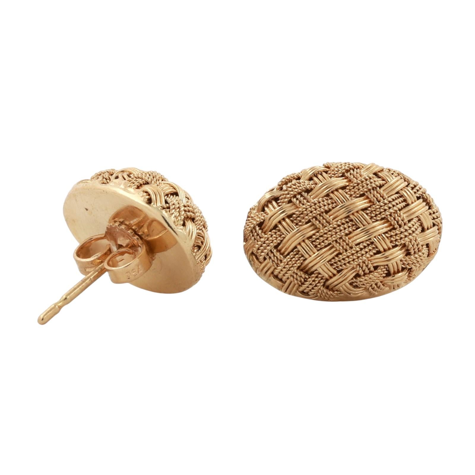 18K Yellow Gold Oval Basket Weave Dome Stud Earrings 0.30" Ladies Estate