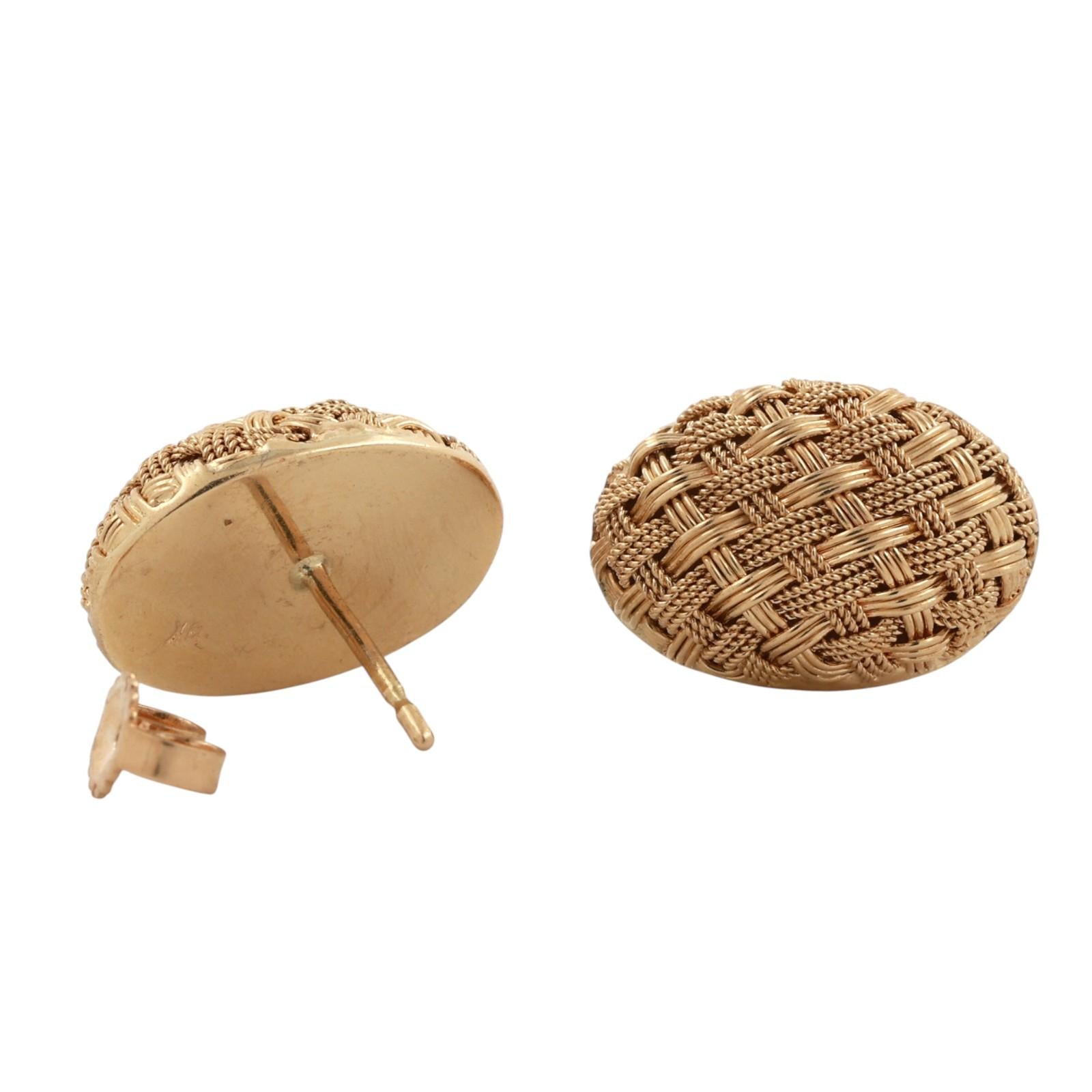 18K Yellow Gold Oval Basket Weave Dome Stud Earrings 0.30" Ladies Estate