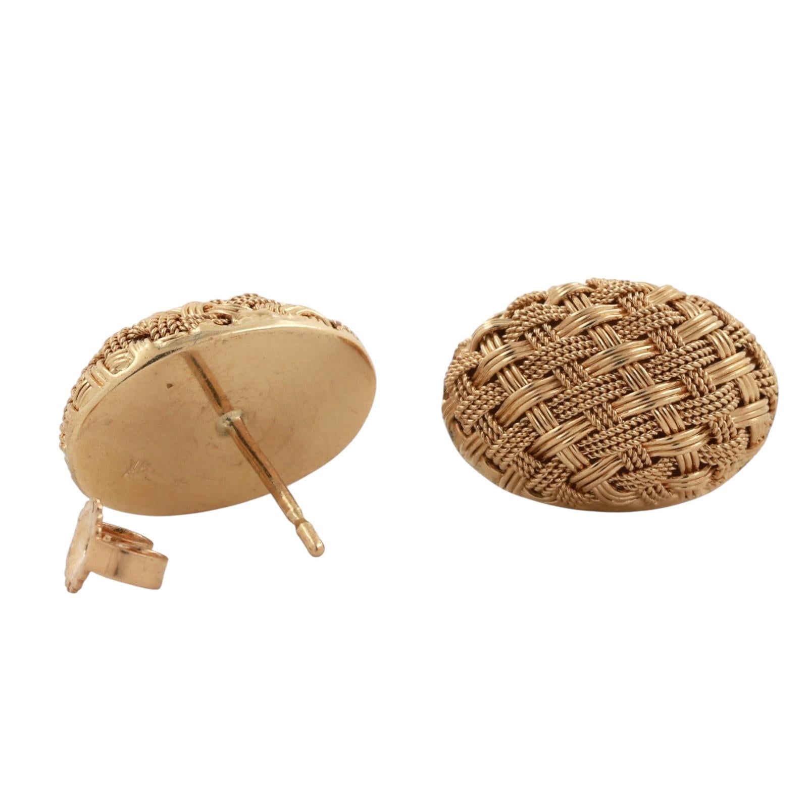 18K Yellow Gold Oval Basket Weave Dome Stud Earrings 0.30" Ladies Estate
