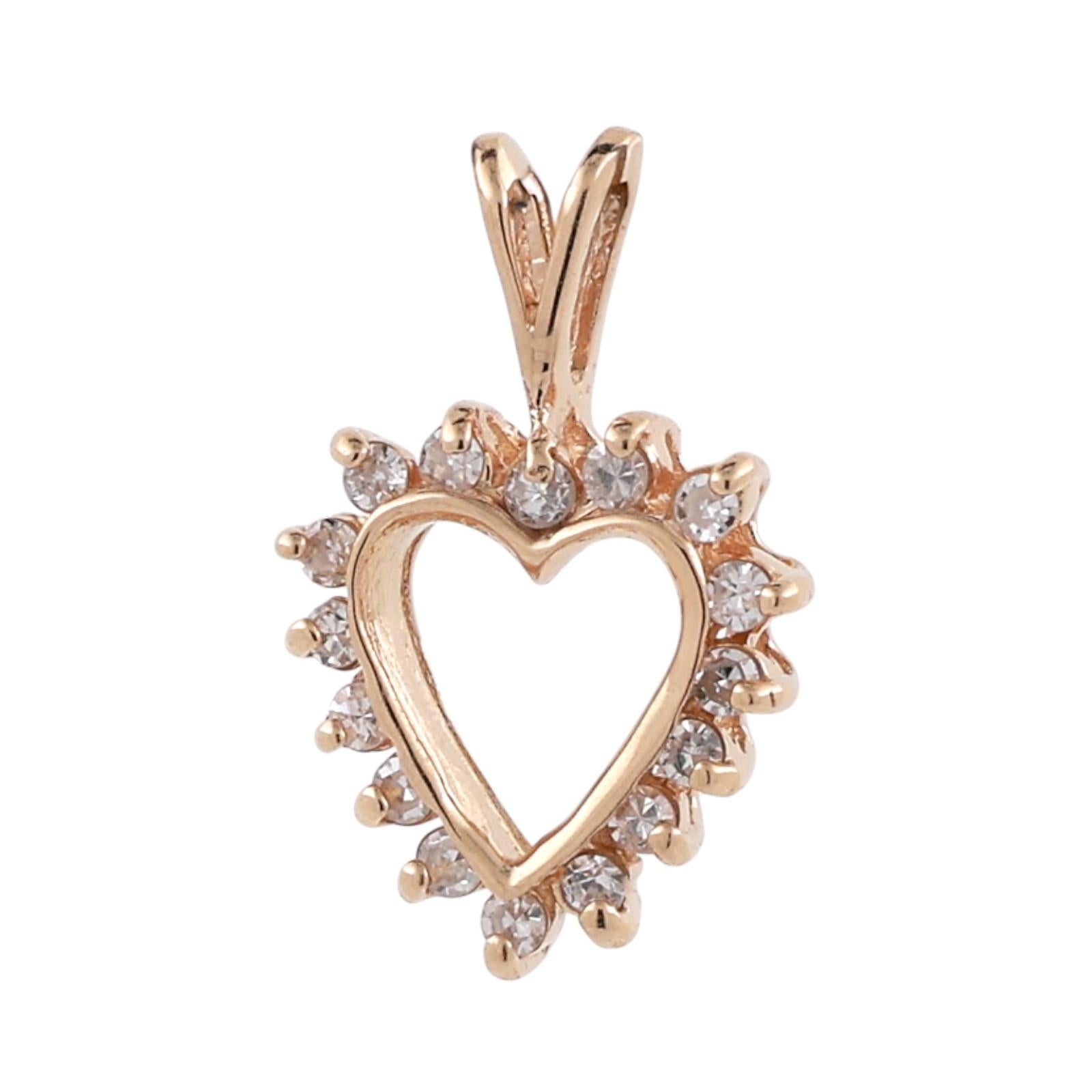 0.33 TW Diamond Open Heart Pendant Charm 14K Yellow Gold 0.70" Ladies Girls