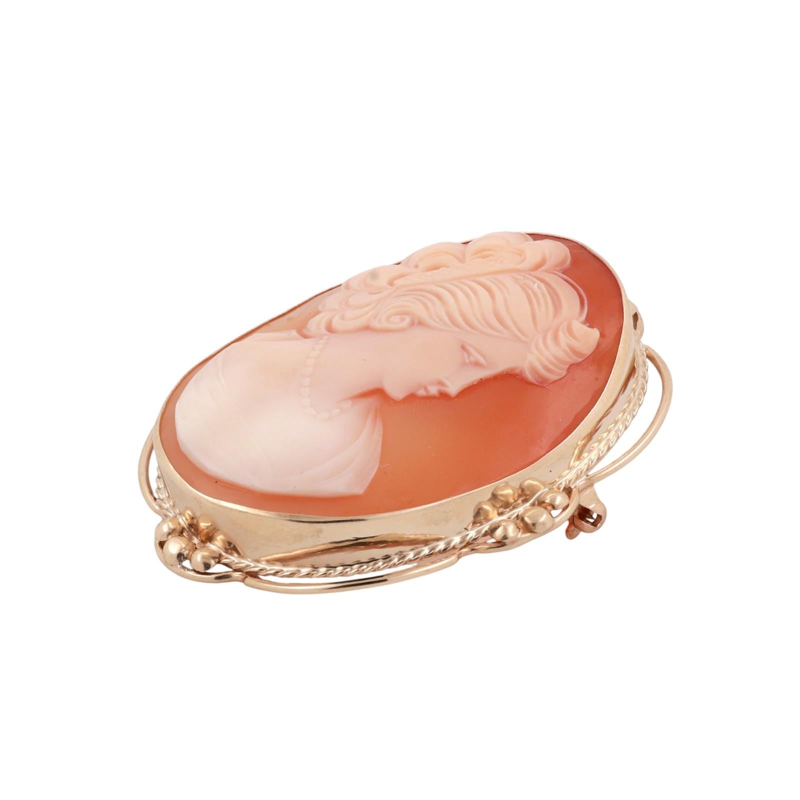 Vintage Shell Cameo Brooch Pin Pendant Yellow Gold Frame 2.25" Ladies Estate