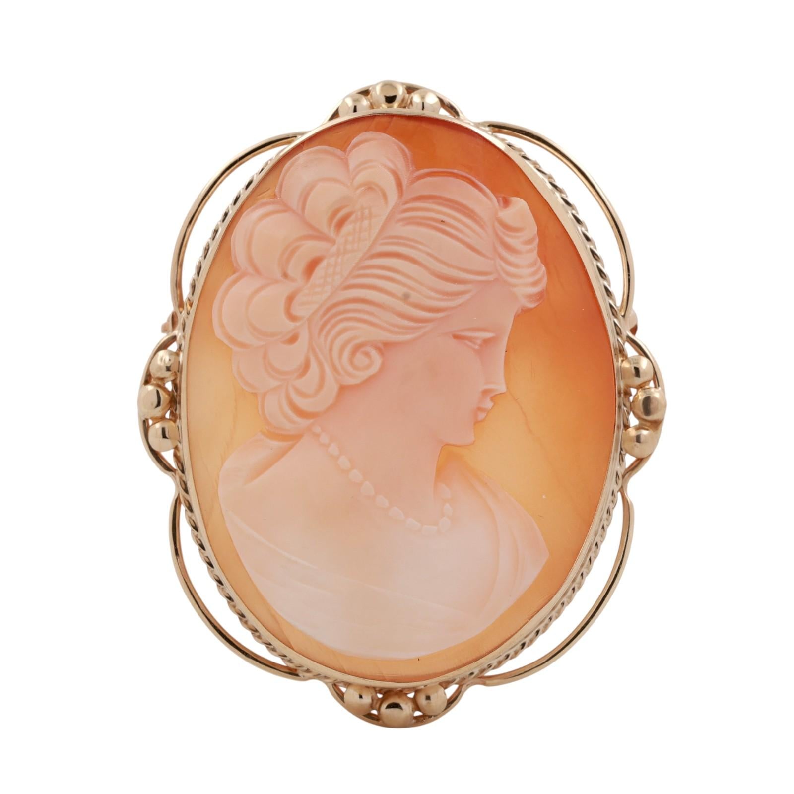 Vintage Shell Cameo Brooch Pin Pendant Yellow Gold Frame 2.25" Ladies Estate