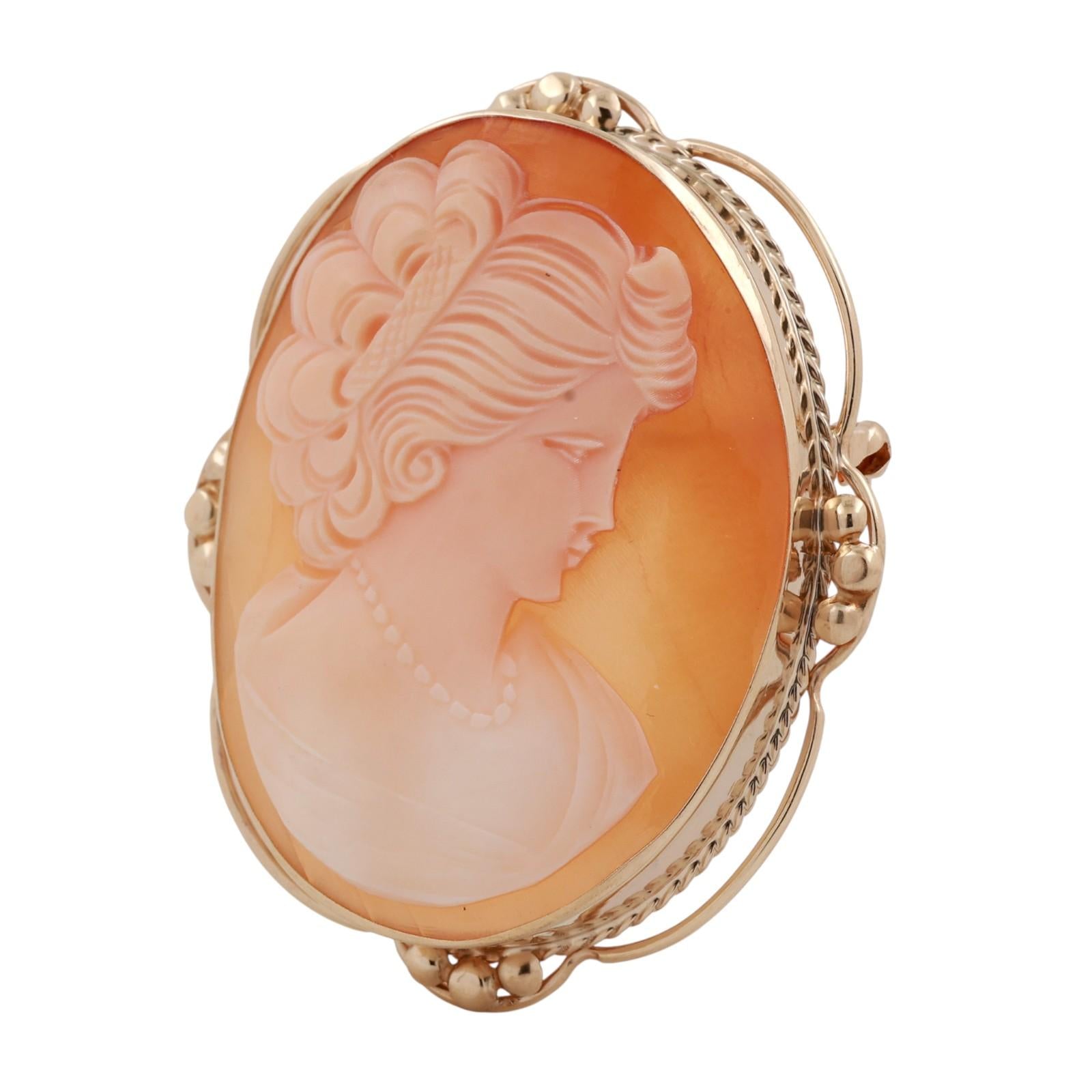 Vintage Shell Cameo Brooch Pin Pendant Yellow Gold Frame 2.25" Ladies Estate