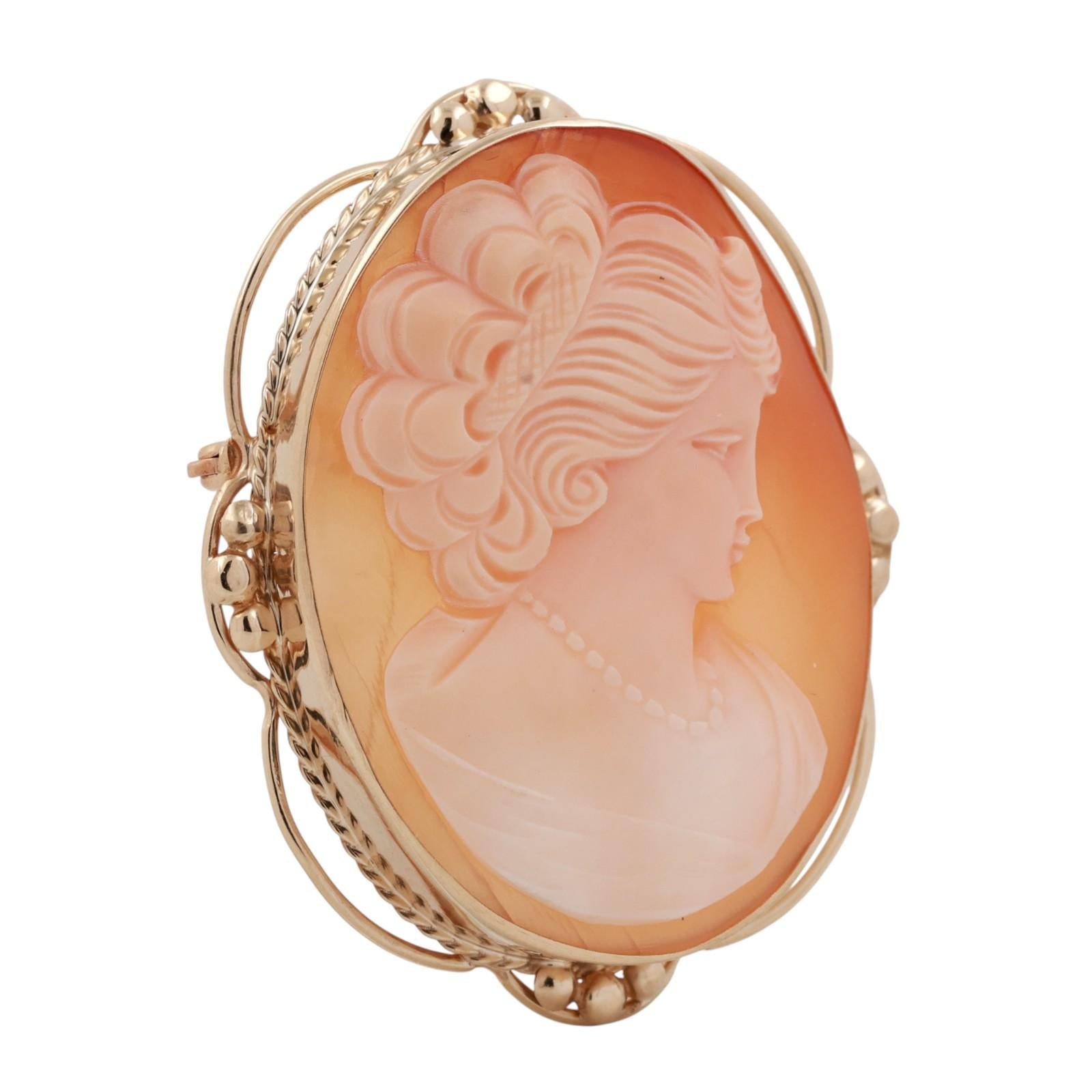Vintage Shell Cameo Brooch Pin Pendant Yellow Gold Frame 2.25" Ladies Estate
