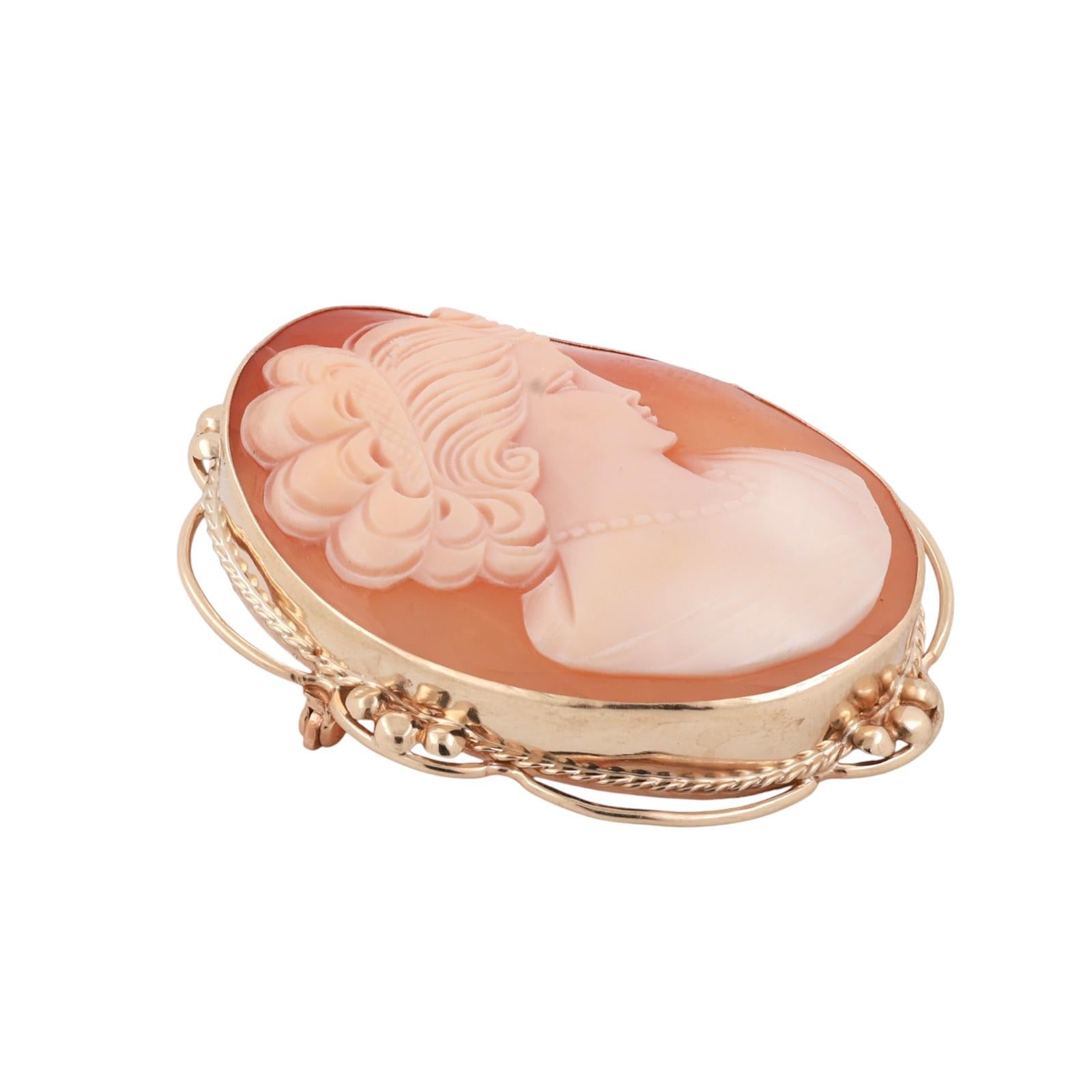 Vintage Shell Cameo Brooch Pin Pendant Yellow Gold Frame 2.25" Ladies Estate