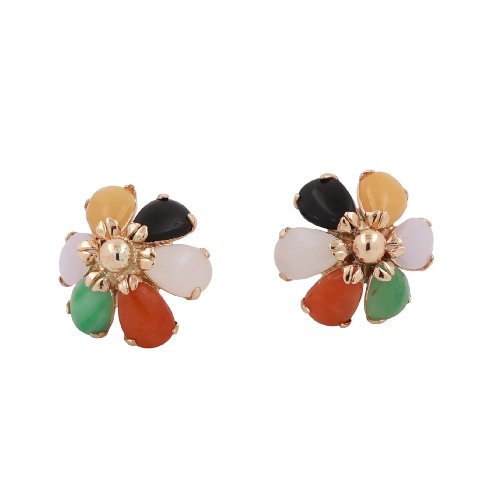 Multi Color Jadeite Flower Stud Earrings Yellow Gold 12.35 mm Ladies Estate