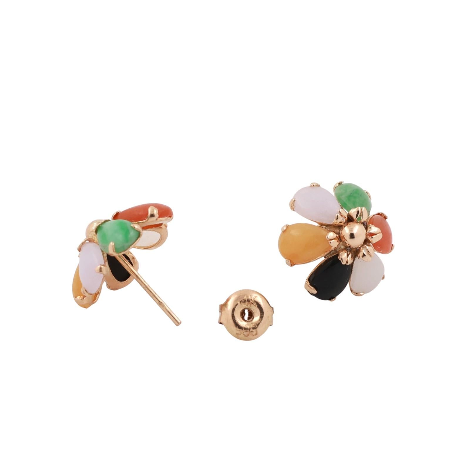 Multi Color Jadeite Flower Stud Earrings Yellow Gold 12.35 mm Ladies Estate