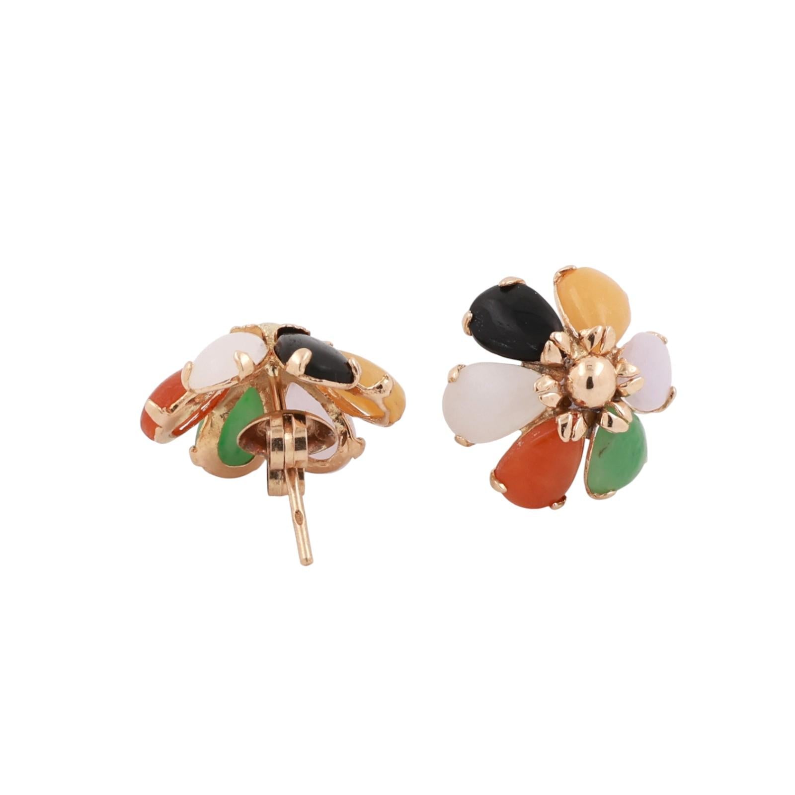 Multi Color Jadeite Flower Stud Earrings Yellow Gold 12.35 mm Ladies Estate