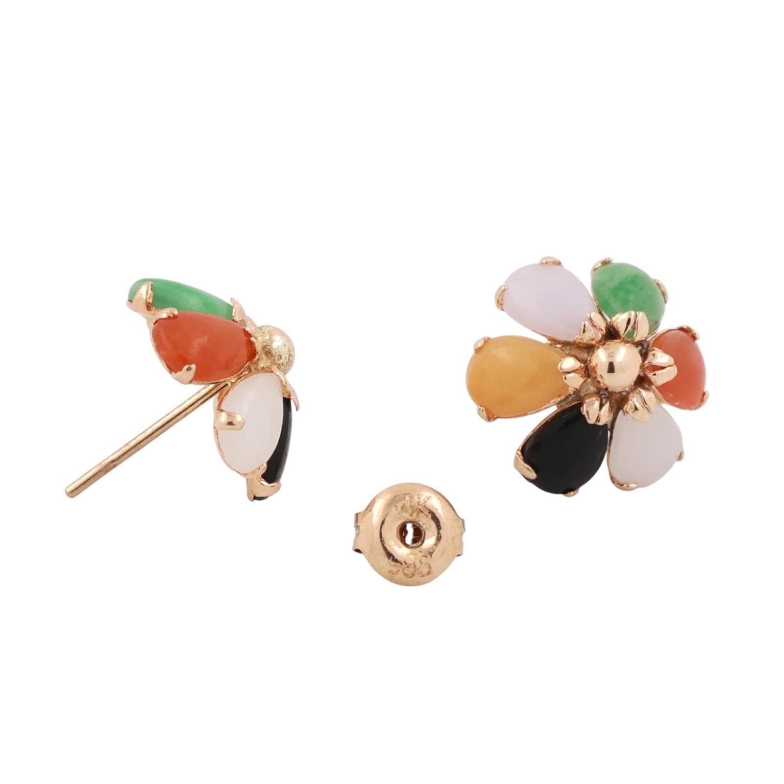 Multi Color Jadeite Flower Stud Earrings Yellow Gold 12.35 mm Ladies Estate