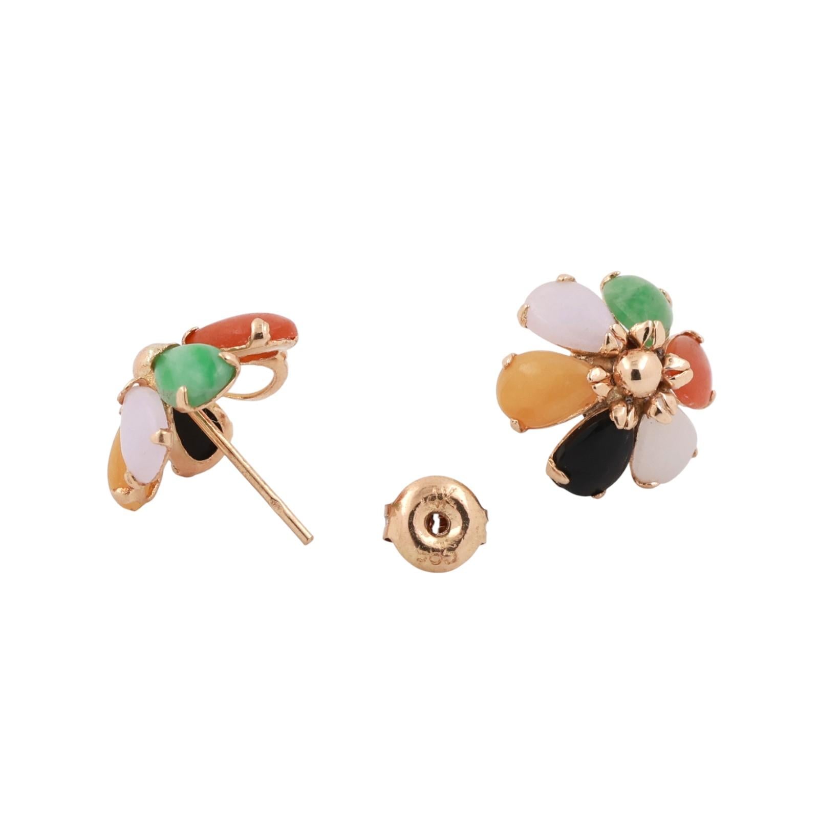 Multi Color Jadeite Flower Stud Earrings Yellow Gold 12.35 mm Ladies Estate