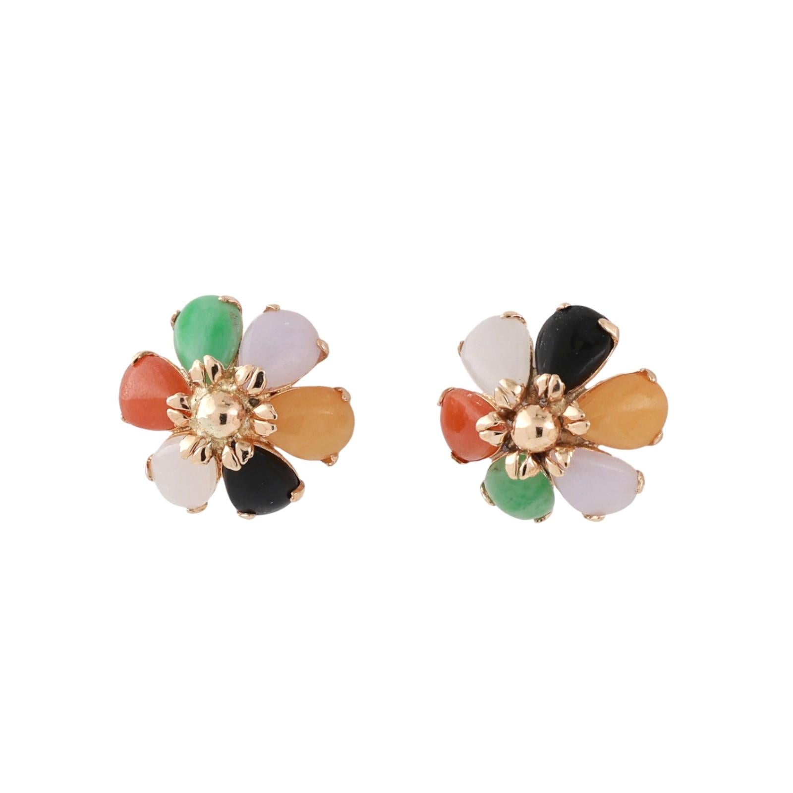 Multi Color Jadeite Flower Stud Earrings Yellow Gold 12.35 mm Ladies Estate