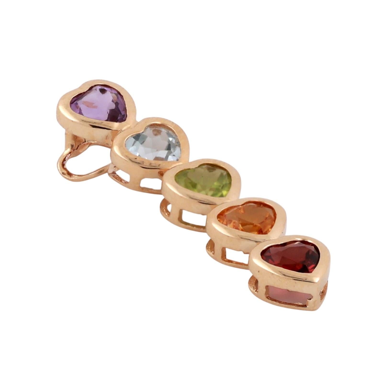 Multi Gemstone Heart Journey Pendant 14K Yellow Gold 2.56 CTW 1.22" Estate