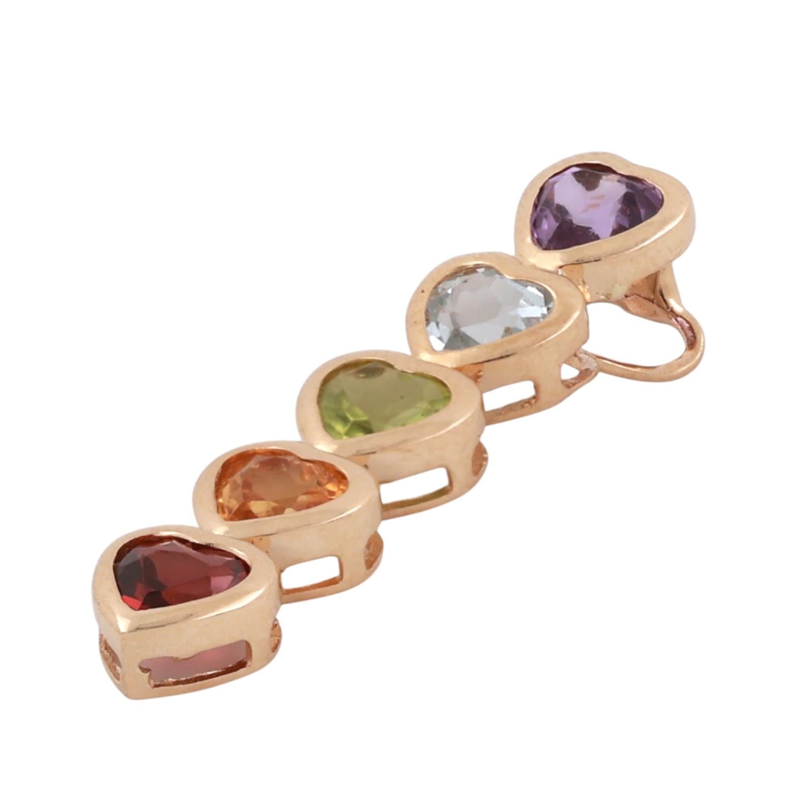 Multi Gemstone Heart Journey Pendant 14K Yellow Gold 2.56 CTW 1.22" Estate