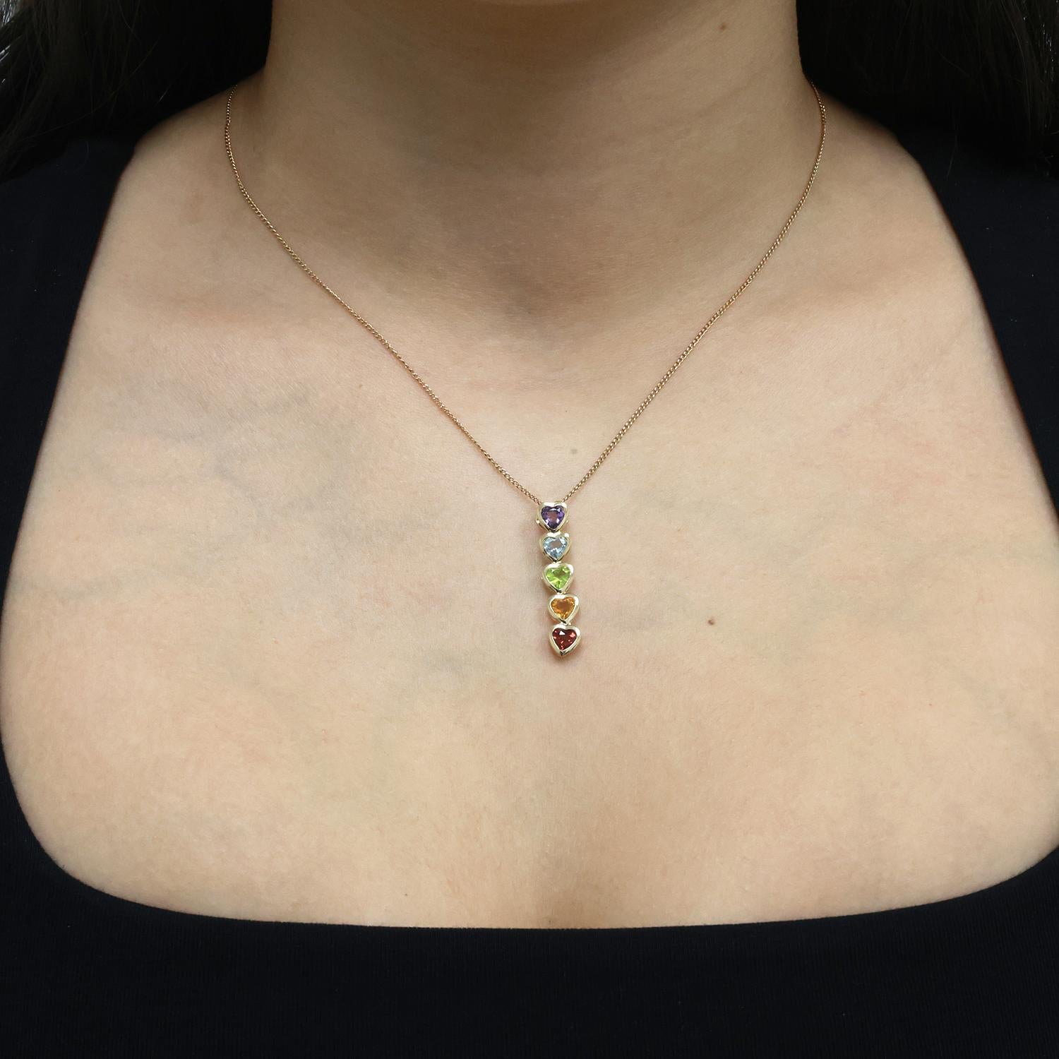 Multi Gemstone Heart Journey Pendant 14K Yellow Gold 2.56 CTW 1.22" Estate