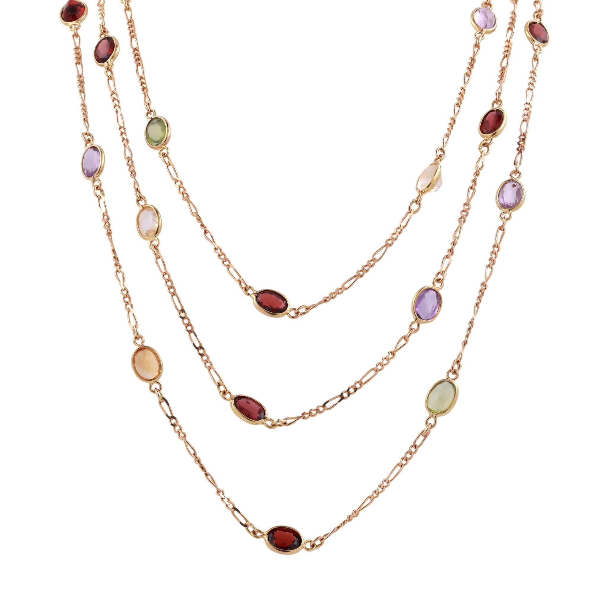 Multi-Gemstone 3-Layer Chain Necklaces 14K Yellow Gold 19.36 CTW 18.25"-35"