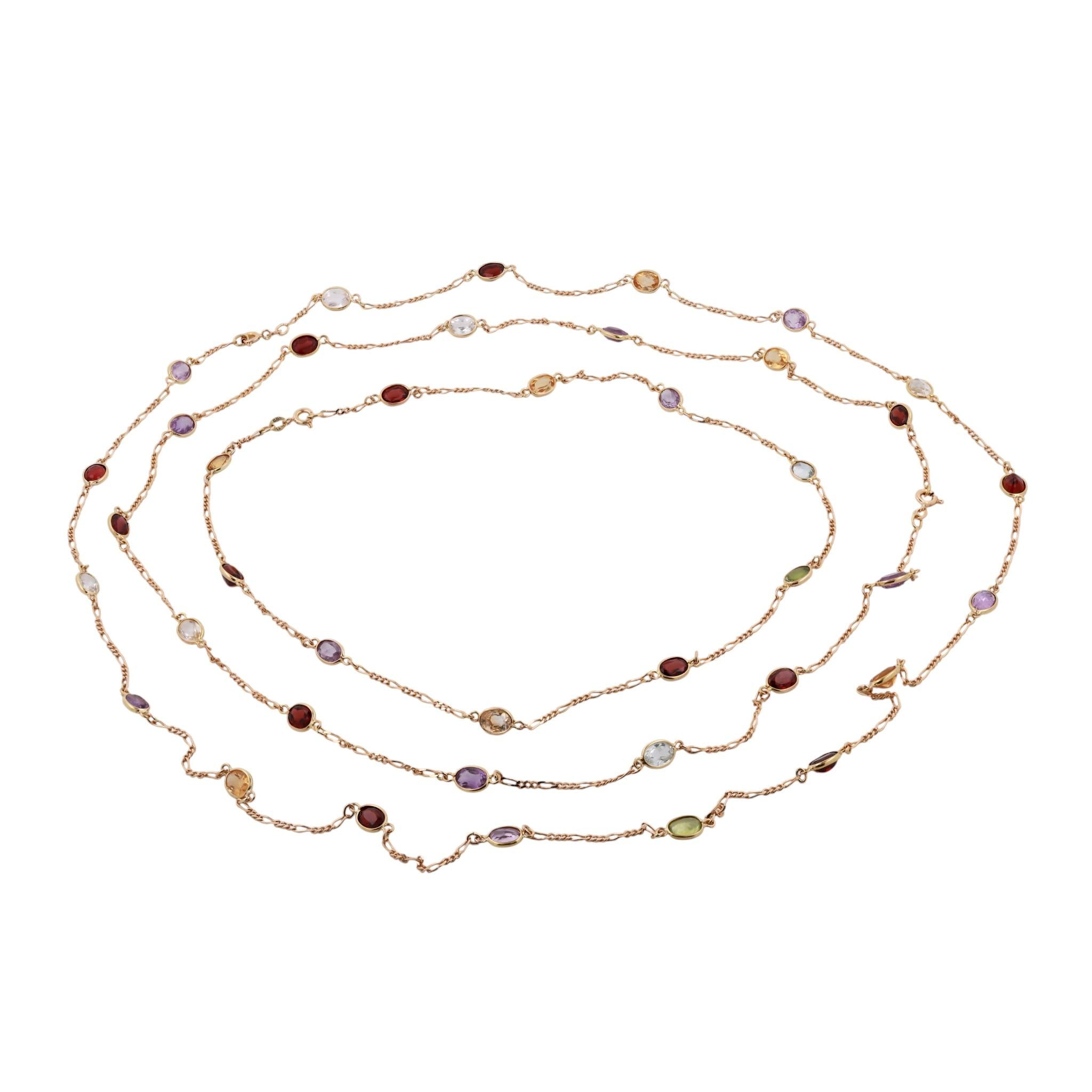 Multi-Gemstone 3-Layer Chain Necklaces 14K Yellow Gold 19.36 CTW 18.25"-35"