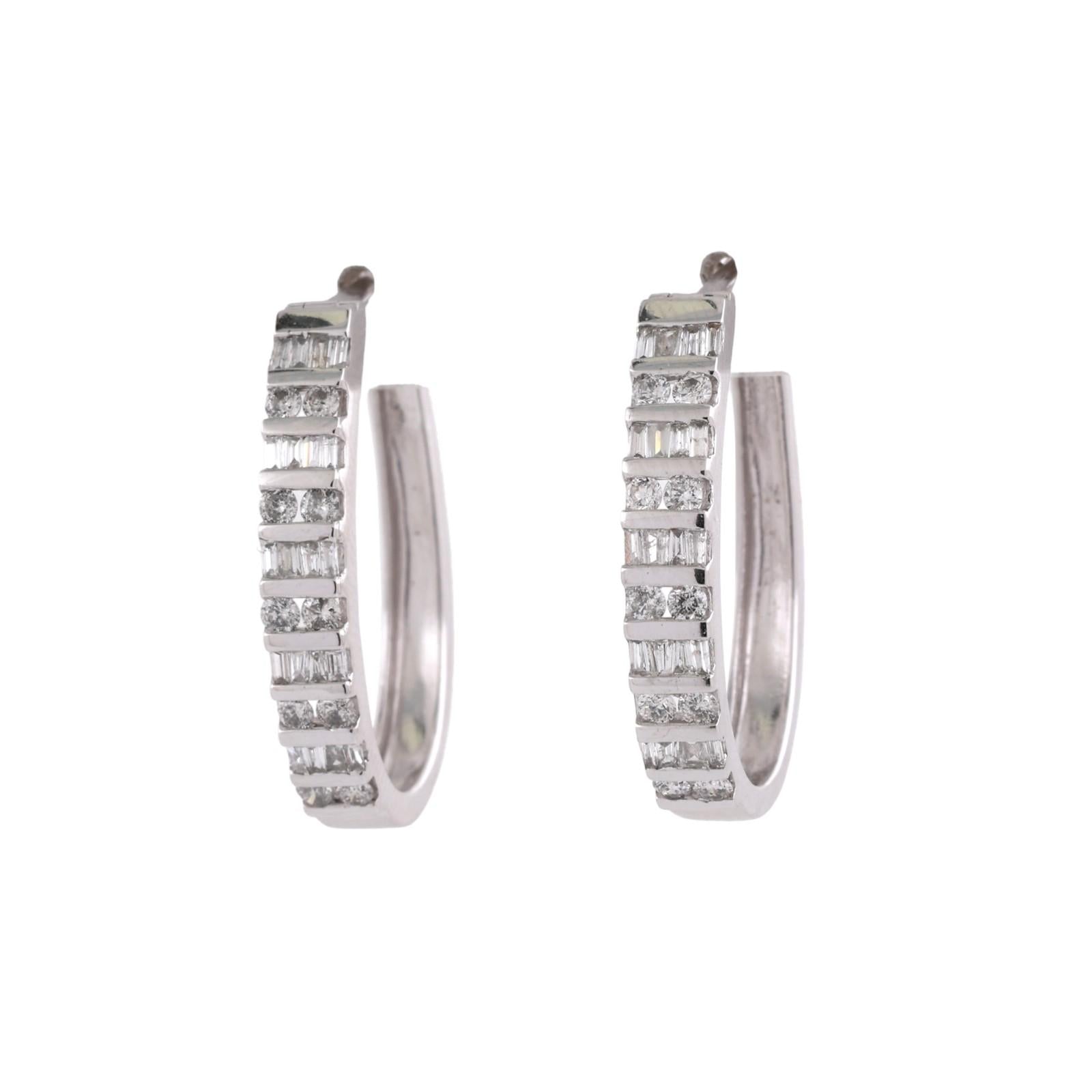 Diamond Oval Hoop Earrings 10K White Gold 1.50 TW 1" Ladies Estate