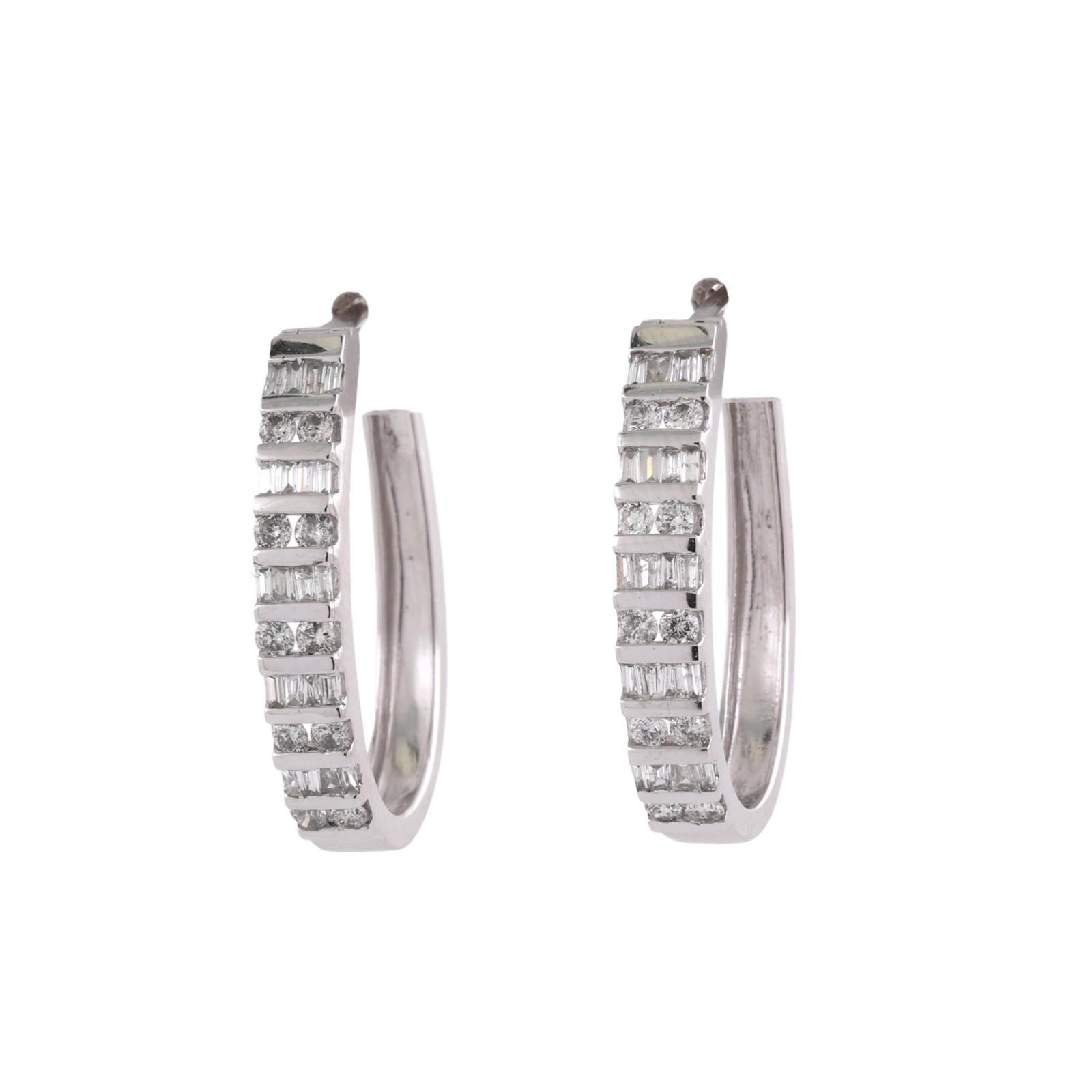 Diamond Oval Hoop Earrings 10K White Gold 1.50 TW 1" Ladies Estate