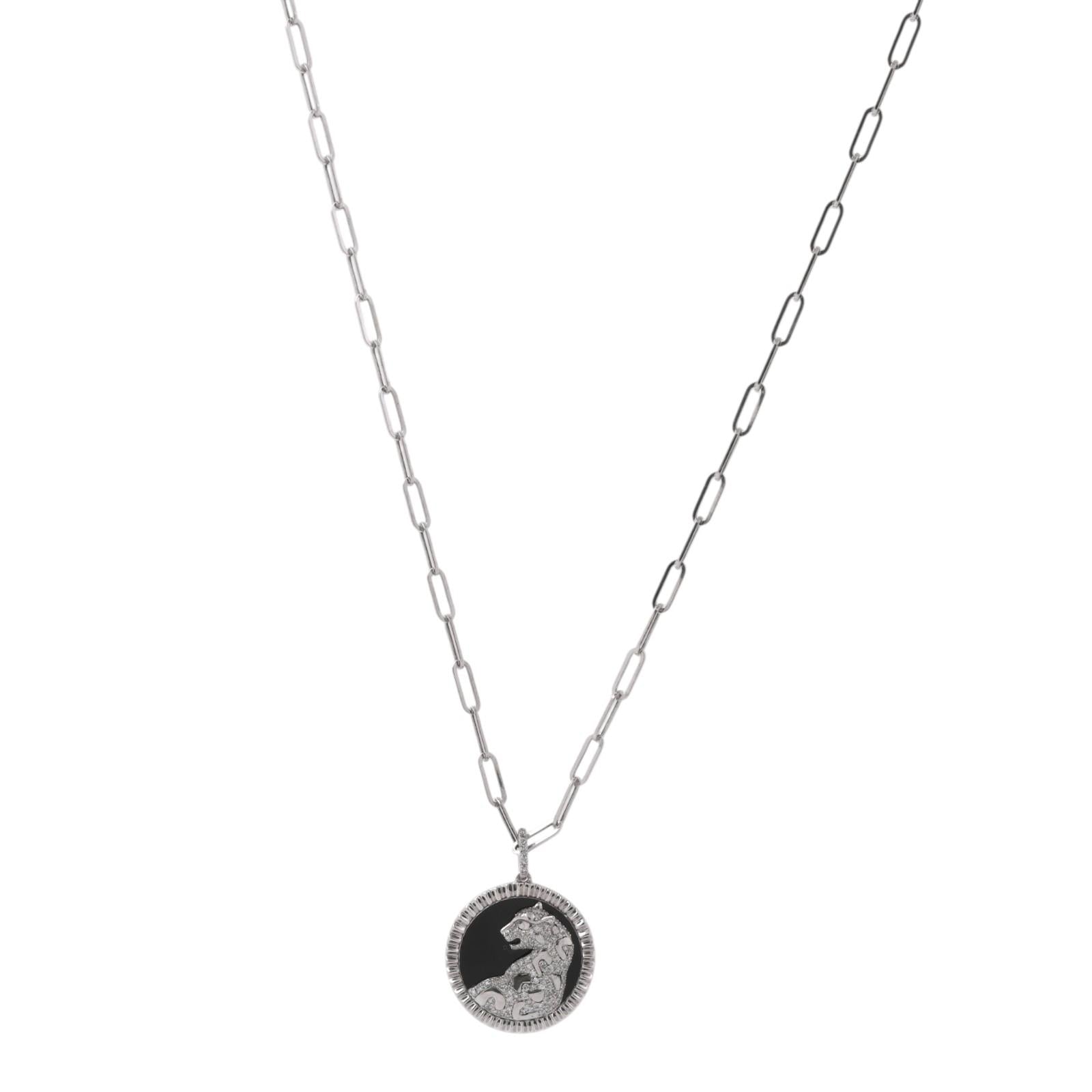 Effy Onyx Diamond Panther Pendant Paperclip Chain Necklace 14K White Gold 18"