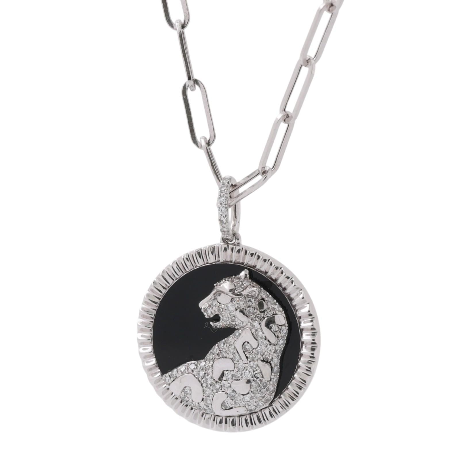Effy Onyx Diamond Panther Pendant Paperclip Chain Necklace 14K White Gold 18"
