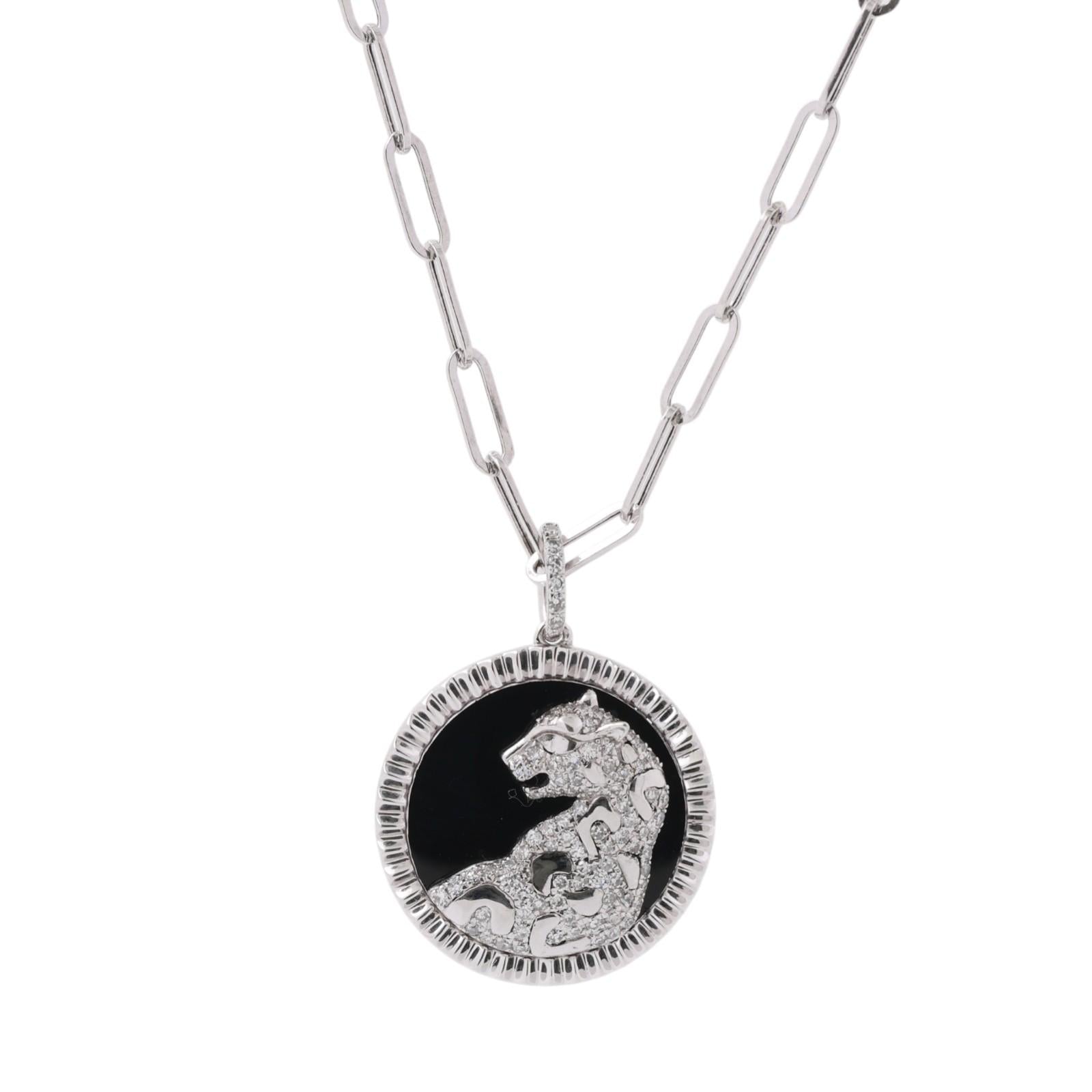 Effy Onyx Diamond Panther Pendant Paperclip Chain Necklace 14K White Gold 18"