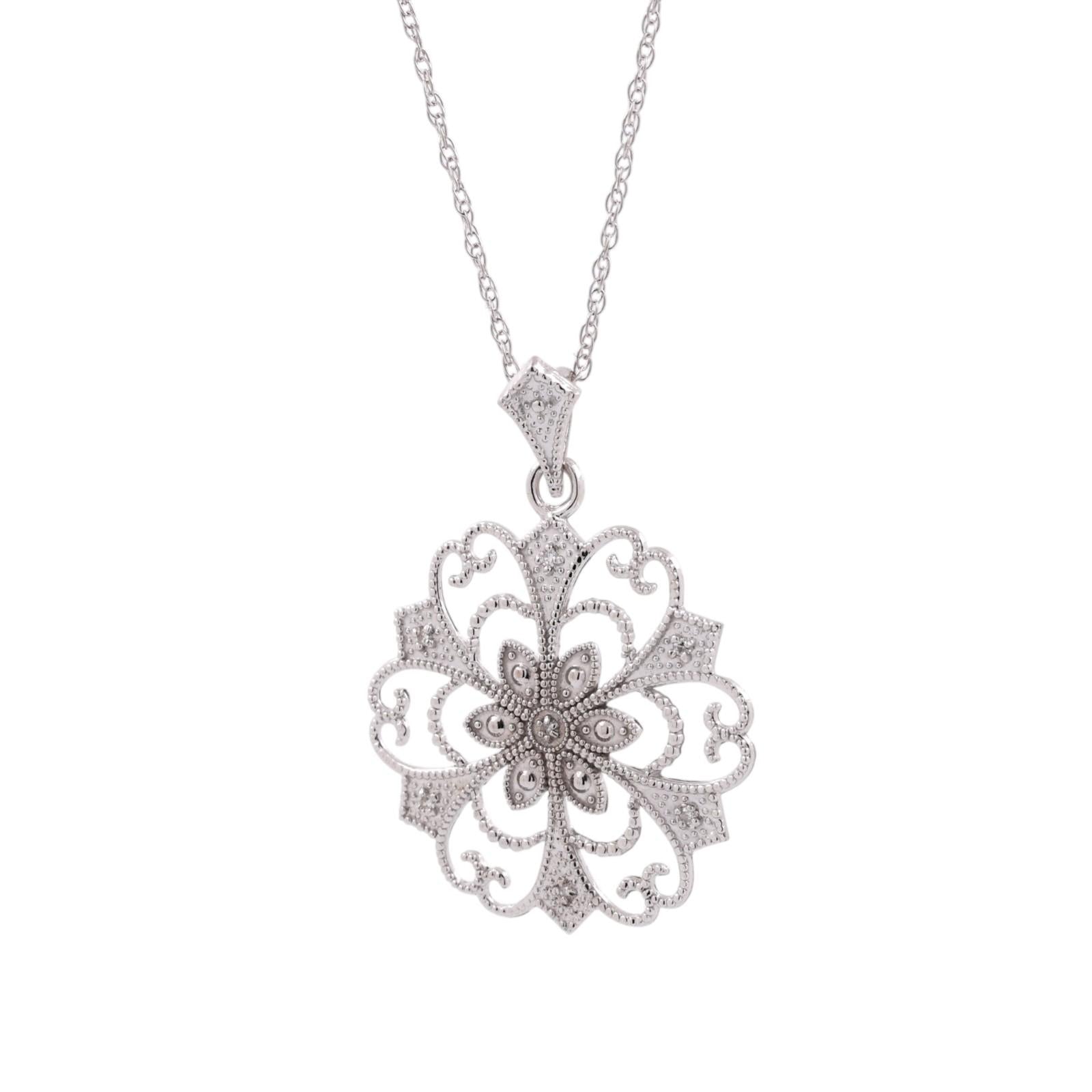 Diamond Filigree Snowflake Pendant Rope Chain Necklace 14K White Gold 18.5"
