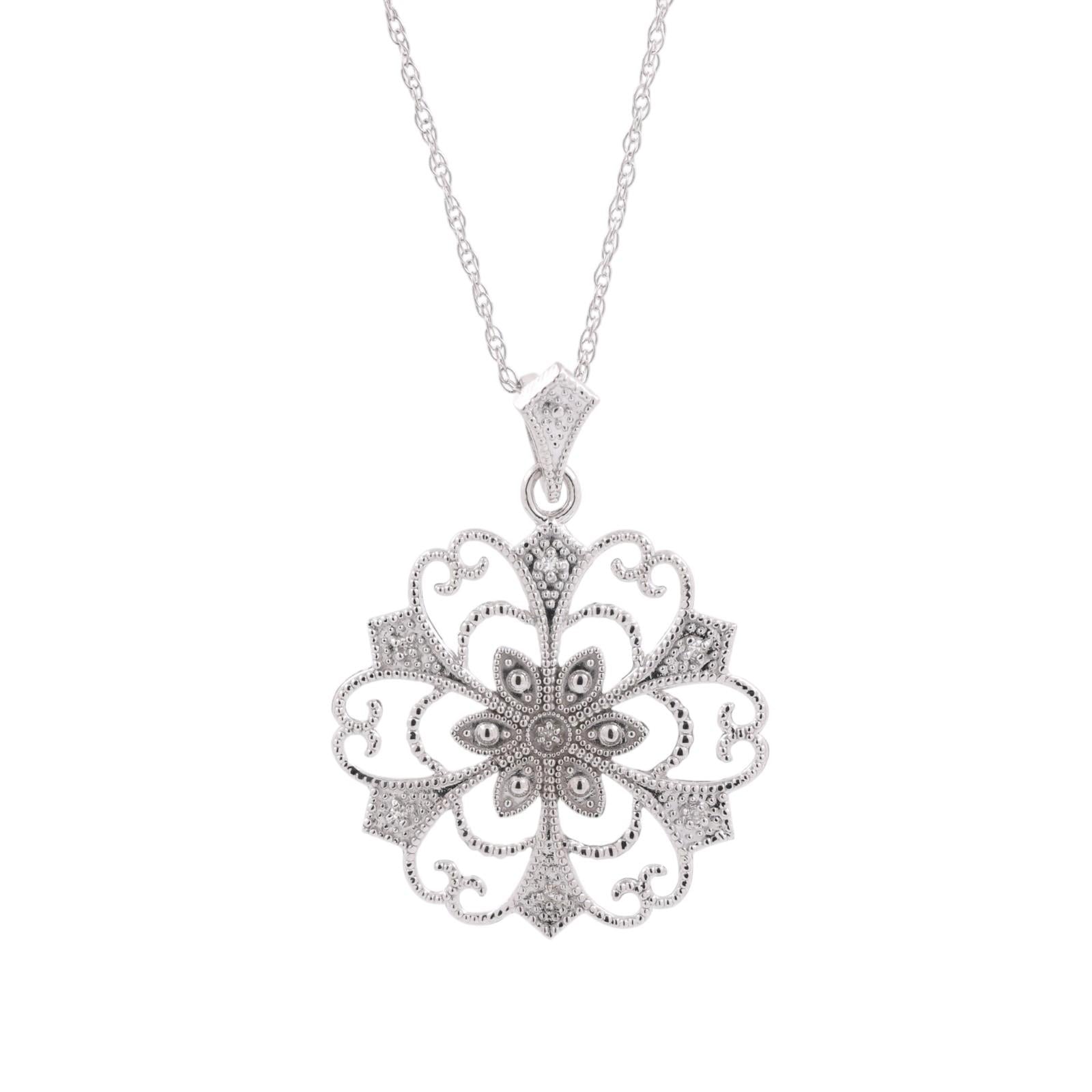Diamond Filigree Snowflake Pendant Rope Chain Necklace 14K White Gold 18.5"