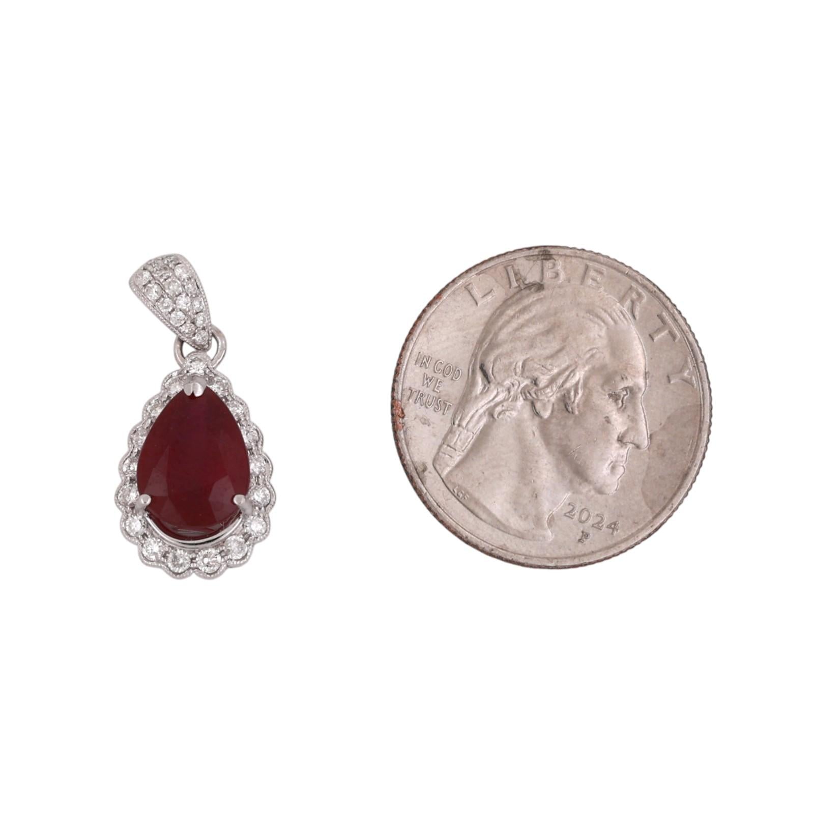 Pear Cut Ruby Halo Diamond Pendant Charm 18K White Gold 3.25 CTW 1" Estate