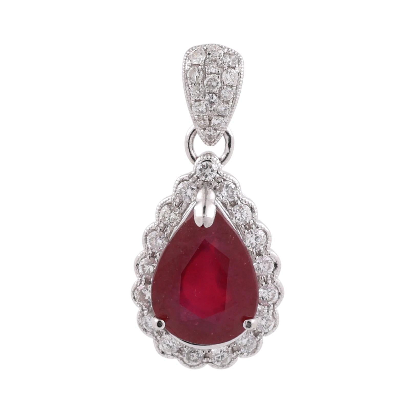 Pear Cut Ruby Halo Diamond Pendant Charm 18K White Gold 3.25 CTW 1" Estate