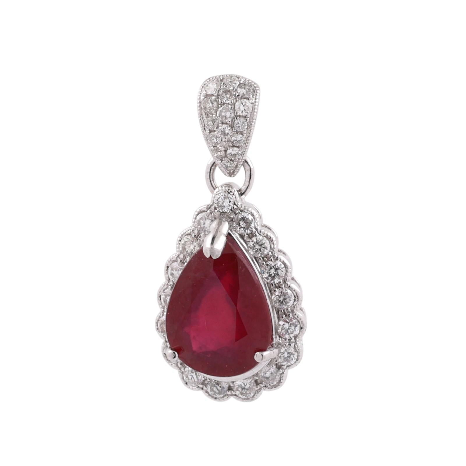 Pear Cut Ruby Halo Diamond Pendant Charm 18K White Gold 3.25 CTW 1" Estate